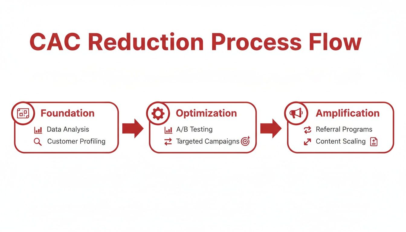 Flowchart illustrating the CAC reduction process with stages like Foundation, Optimization, and Amplification.