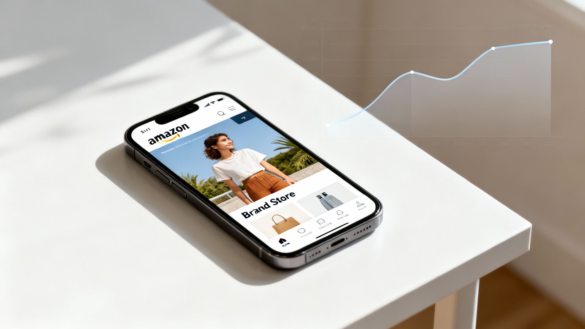 An iPhone showcasing an Amazon Brand Store with fashion products and a growth graph in the background.