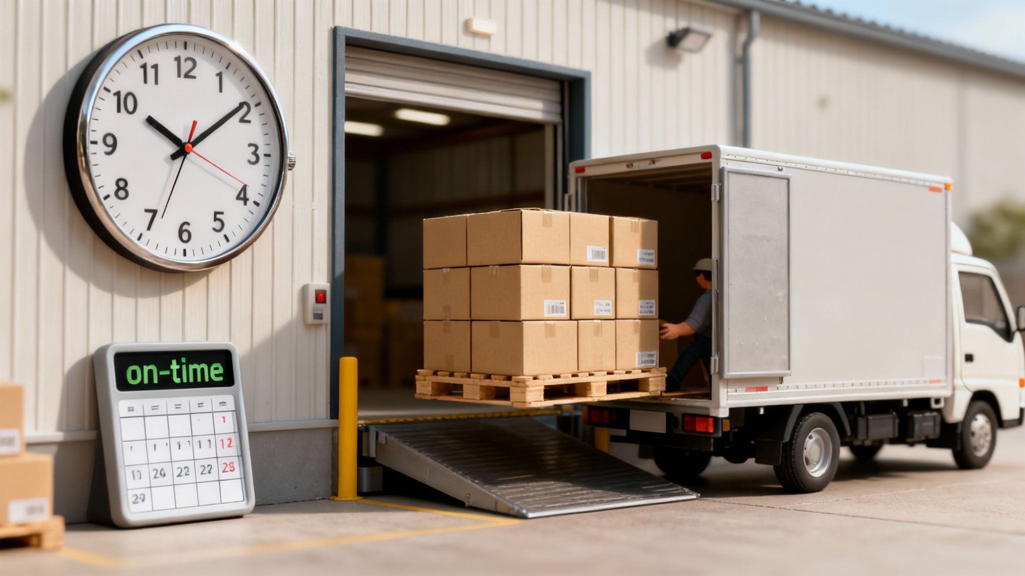 A delivery truck being loaded with cardboard boxes at a warehouse, with a clock showing on-time delivery.