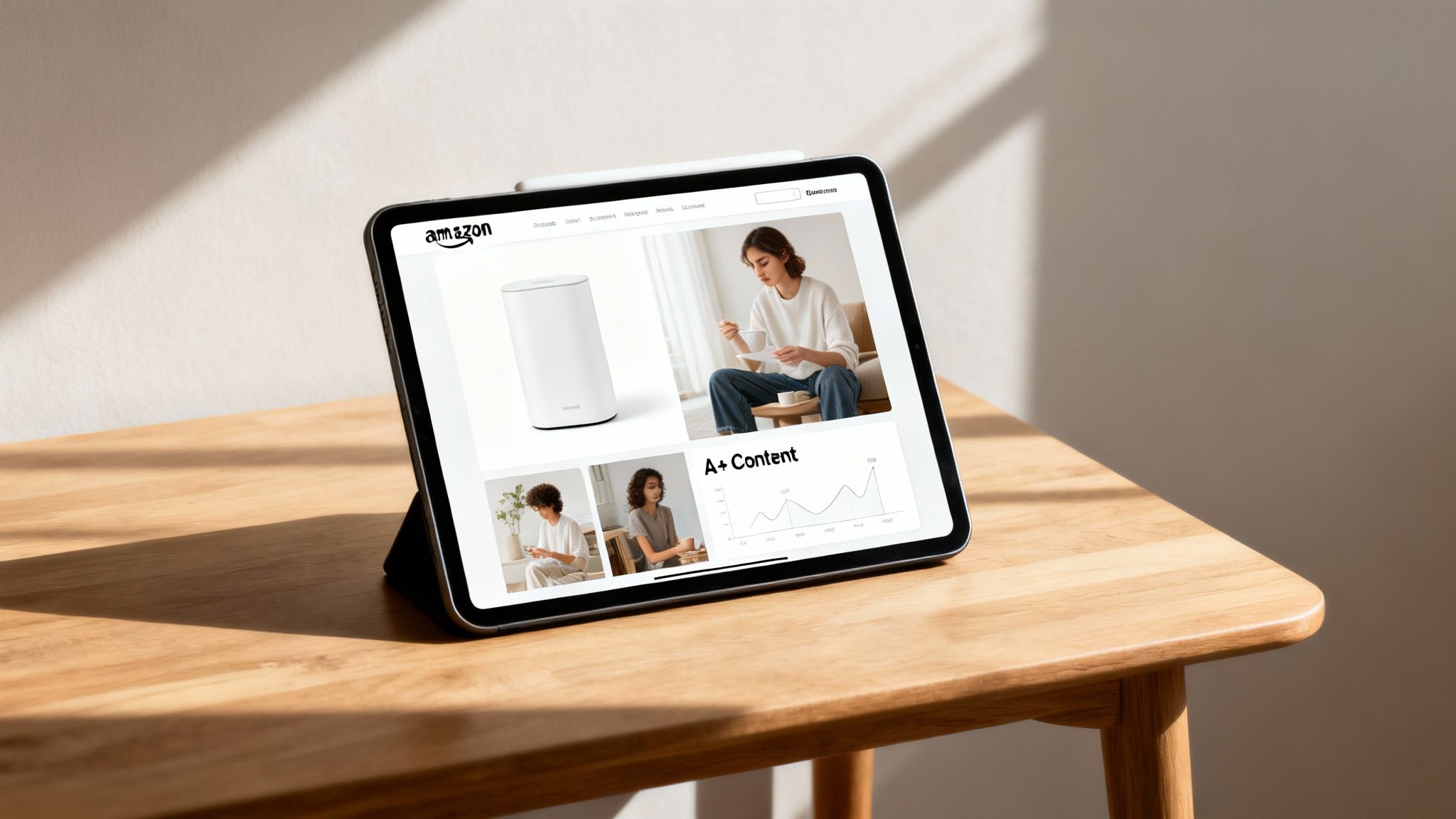 An iPad on a wooden table showcasing an Amazon page with A+ content and product images.