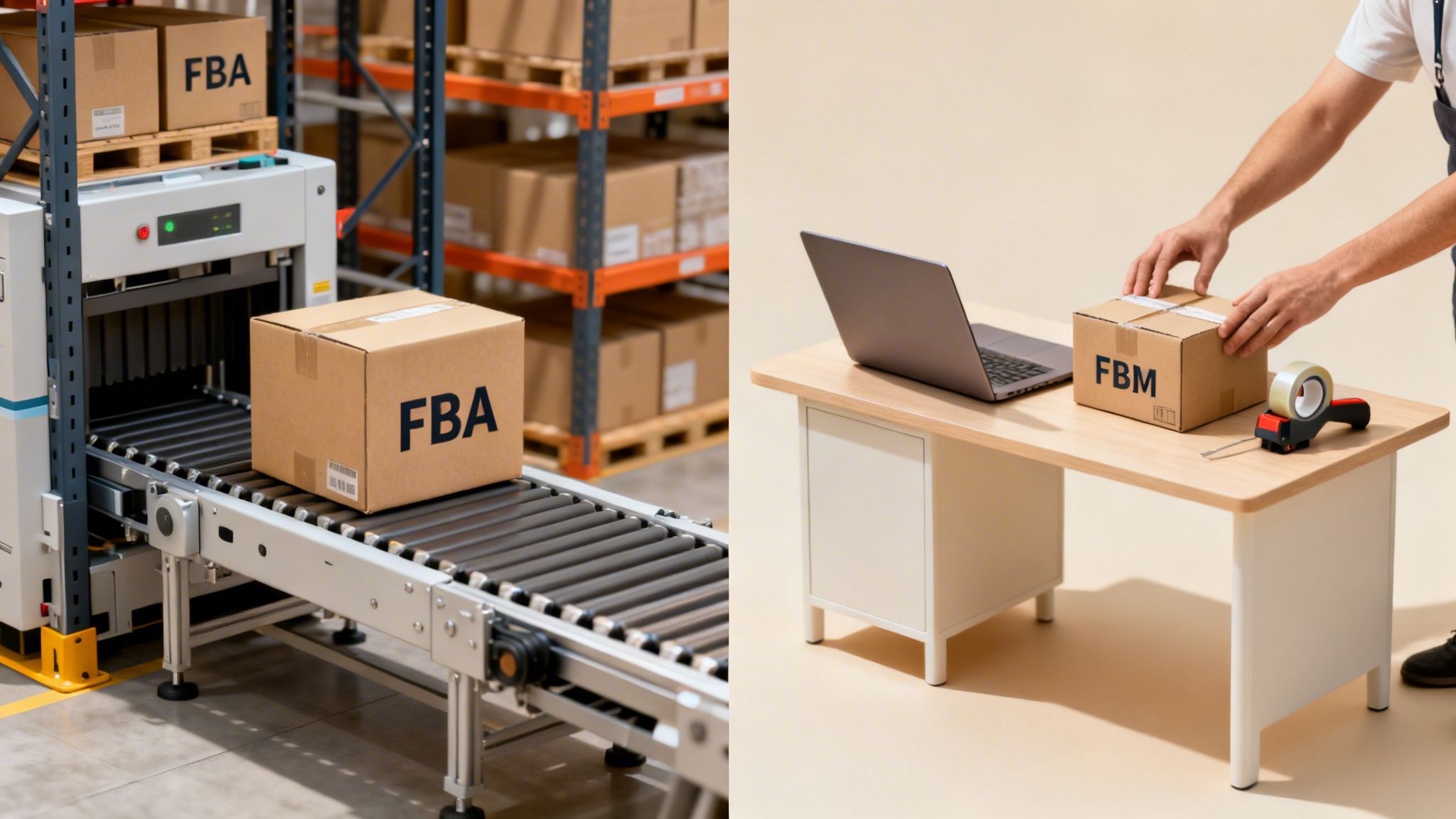 Two sides show FBA warehouse automation and FBM manual packaging, illustrating Amazon fulfillment methods.
