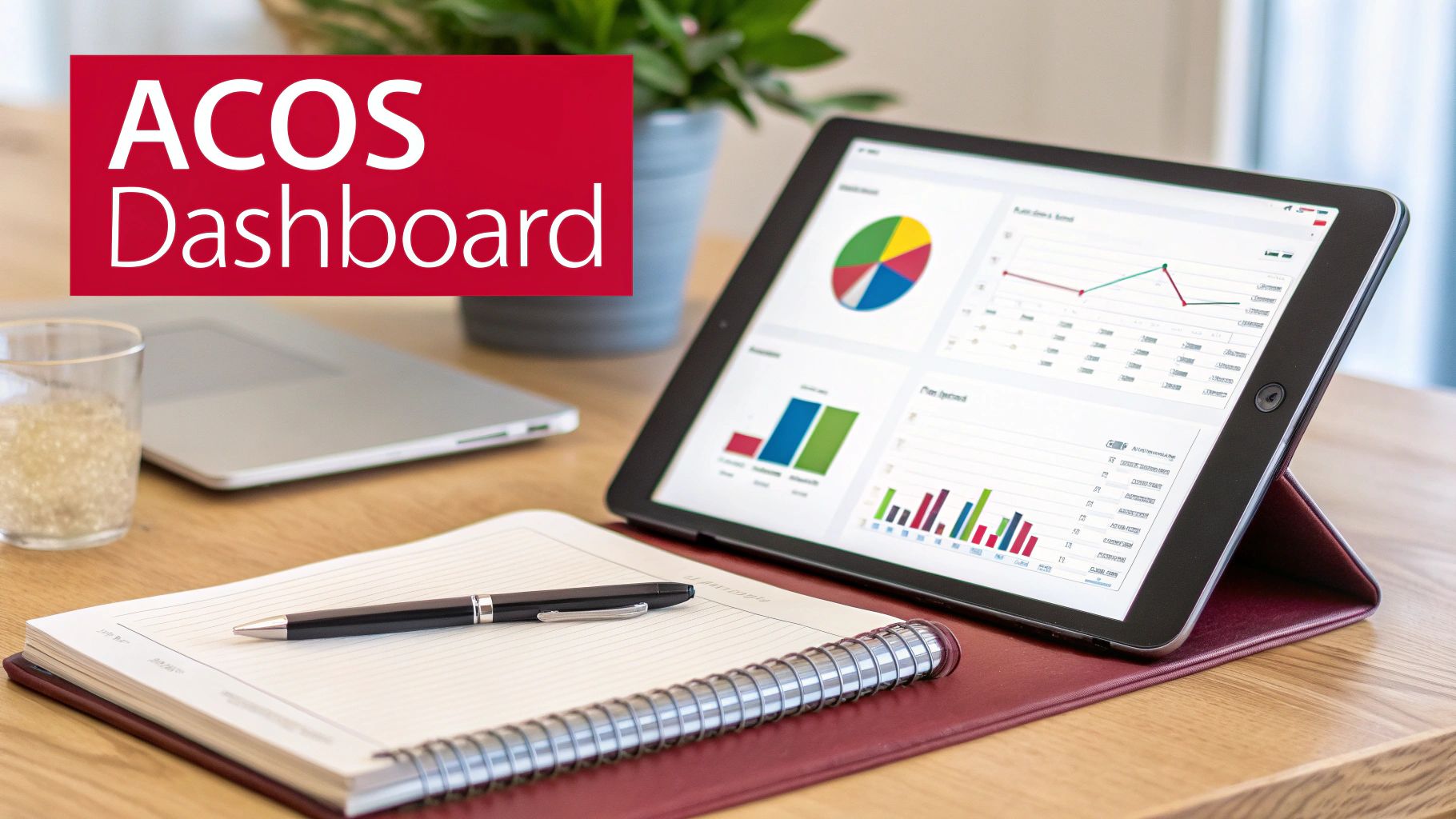 A person analyzes advertising data on a tablet, focusing on charts and key performance indicators.