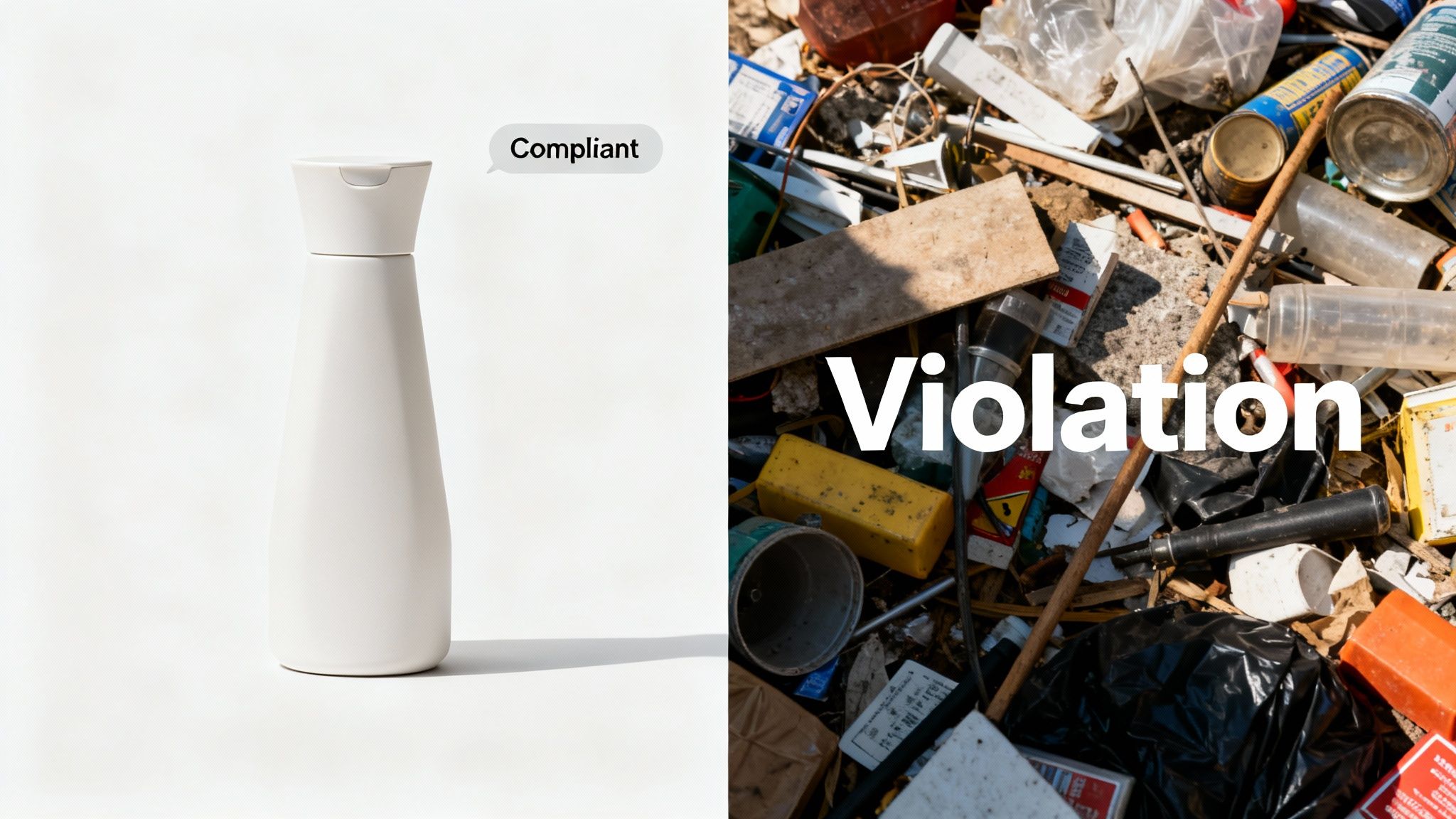 A split image contrasting a compliant, clean white bottle with a pile of trash labeled 'Violation.'