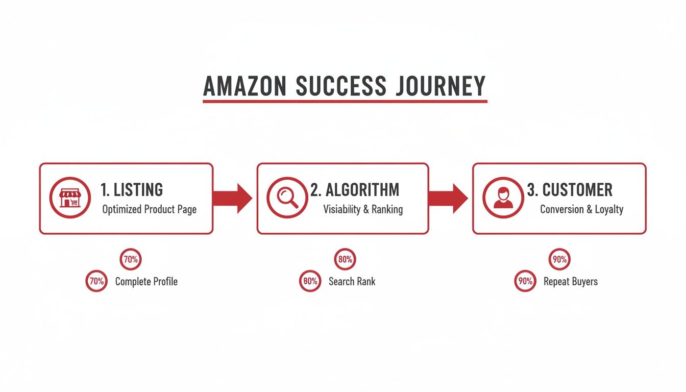 Flowchart outlining the Amazon success journey with steps for listing, algorithm, and customer, including percentage metrics.