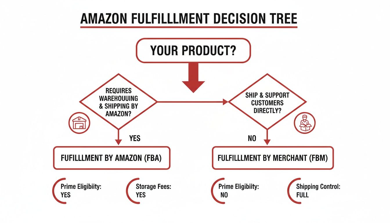 Amazon fulfillment decision tree explaining FBA and FBM options with their key features.