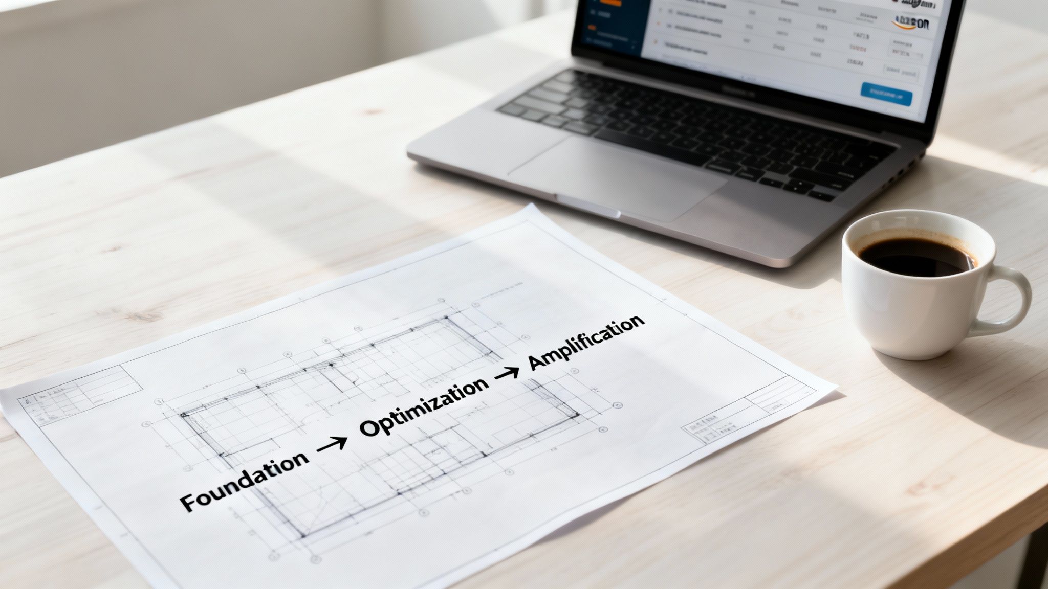 A blueprint showing a growth strategy, a laptop with Amazon ads, and coffee on a desk.