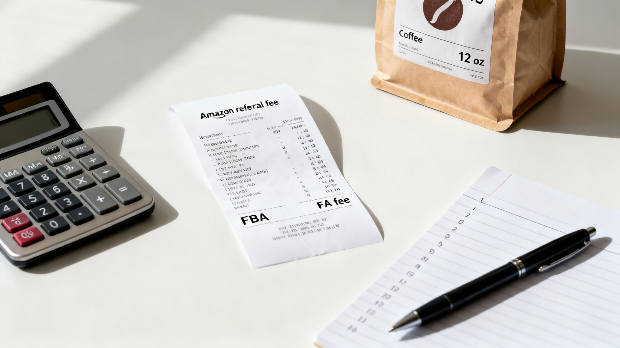 A calculator, an Amazon referral fee receipt, a coffee bag, and a pen on a notebook on a white desk.