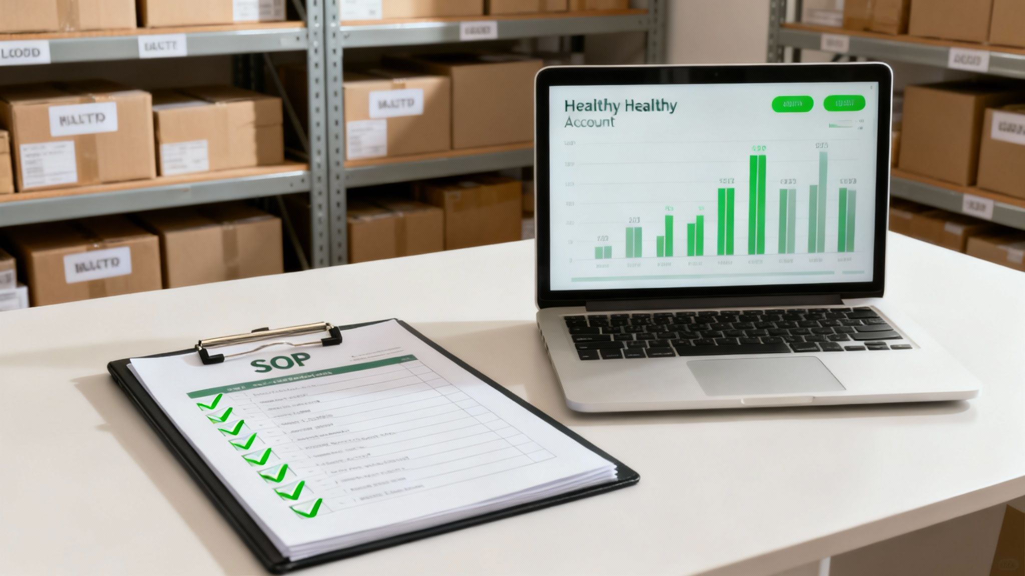 A laptop displaying a financial chart and a clipboard with an SOP checklist on a desk in a warehouse.