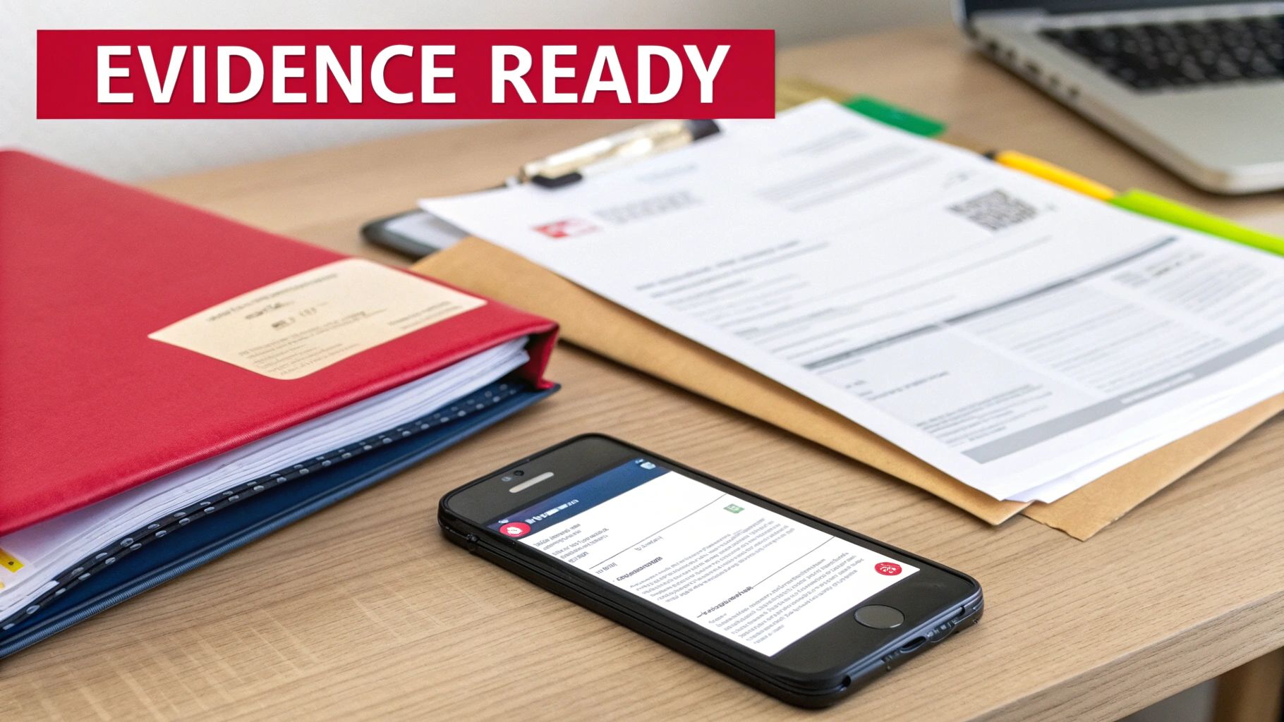 Organized desk with documents, smartphone, red folder, and clipboard showing evidence ready for Amazon account suspension appeal