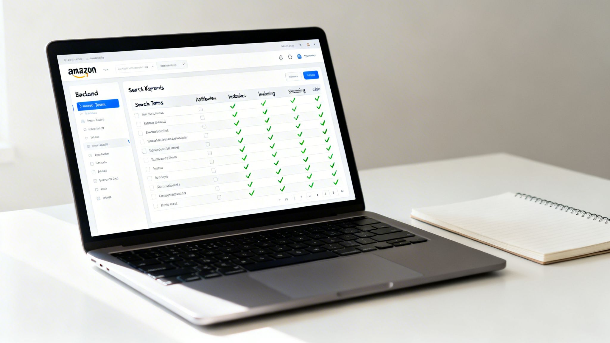 Laptop displaying an Amazon listing optimization tool with search keywords and performance metrics.
