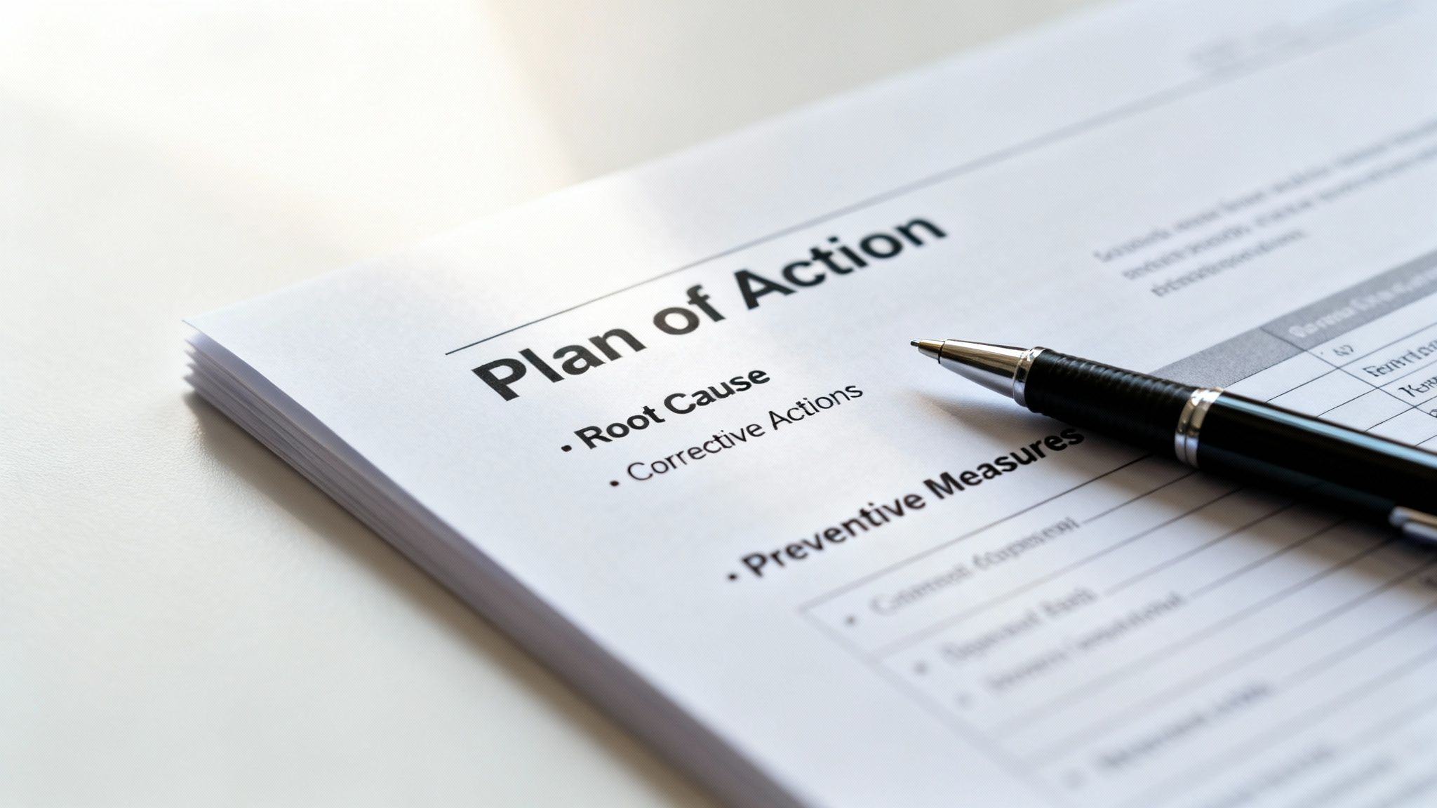 Close-up of a 'Plan of Action' document detailing root cause, corrective, and preventive measures, with a pen.