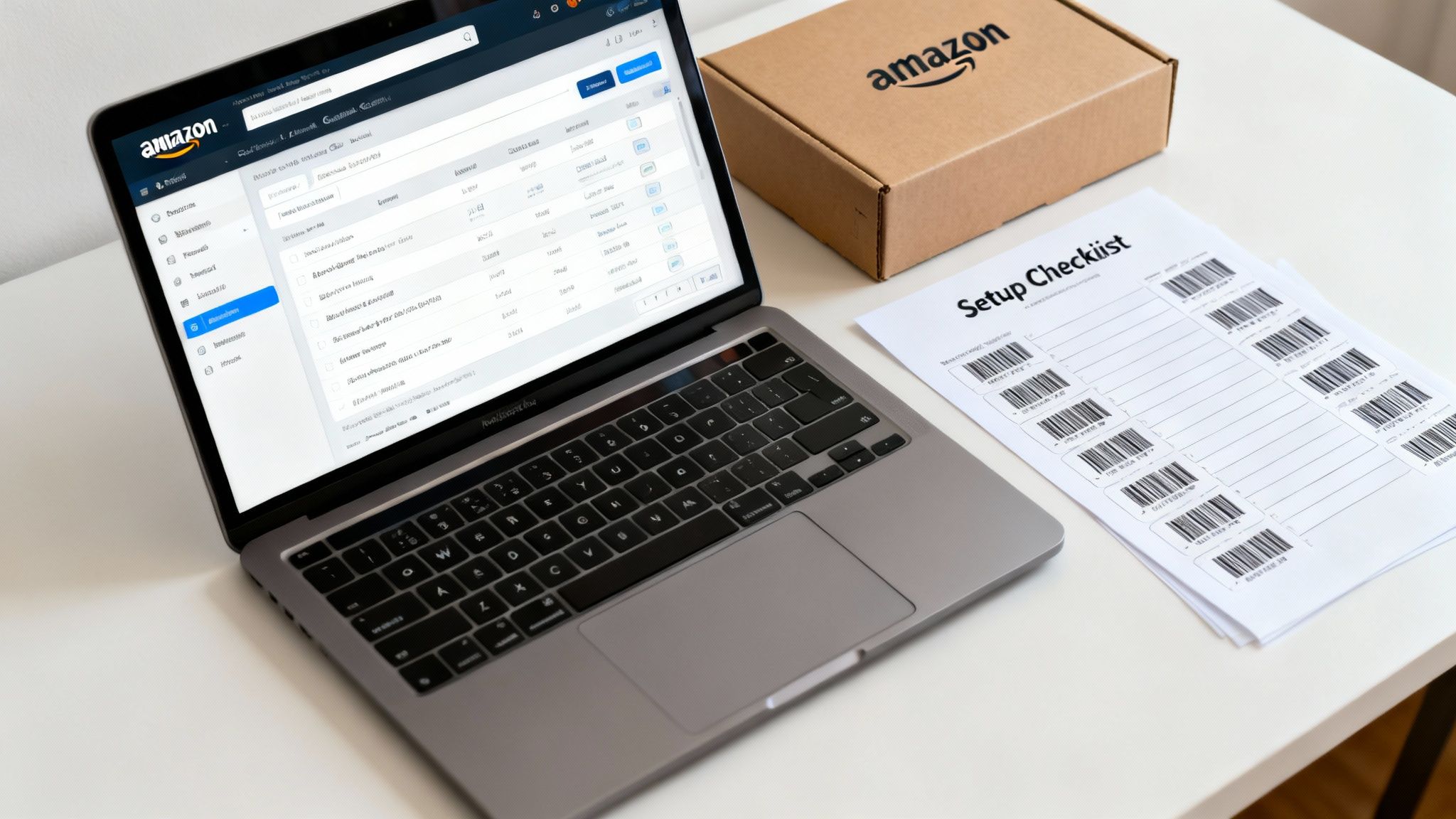 Amazon seller setup with a laptop displaying a dashboard, an Amazon box, and a barcode checklist.