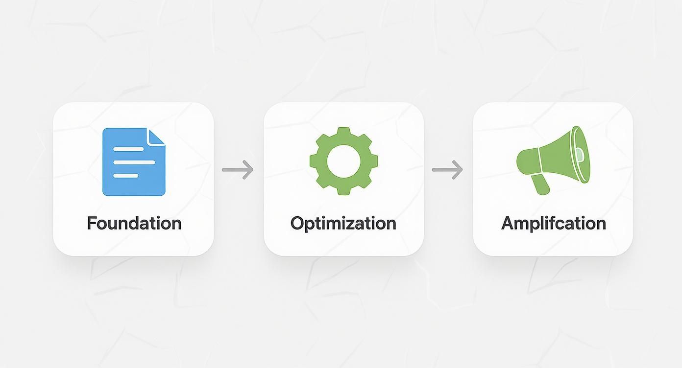 Diagram illustrating a three-step marketing process: foundation, optimization, and amplification stages.