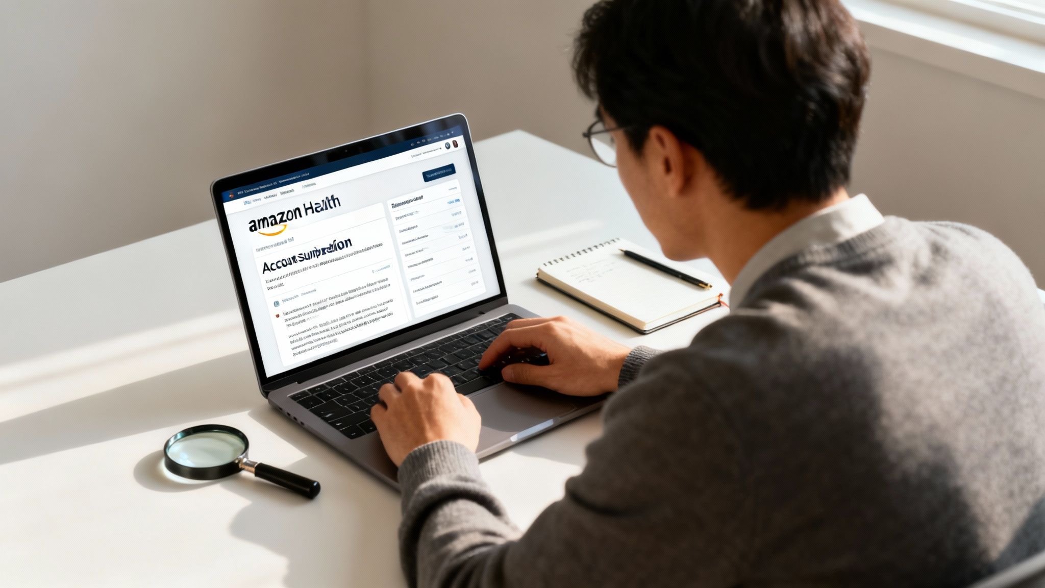 A person works on a laptop displaying 'Amazon Health Account Suspension' screen, with a notebook and magnifying glass on the desk.