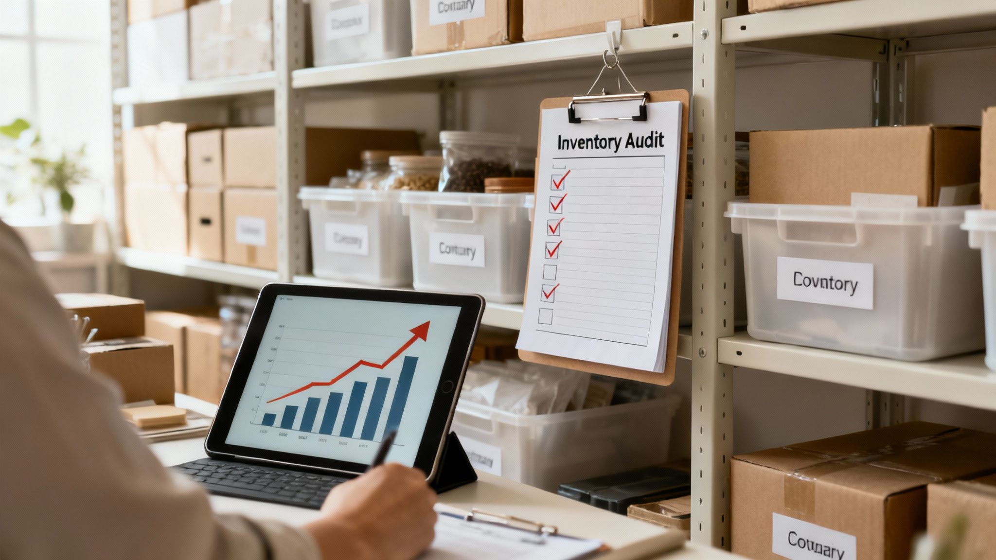 Person analyzing inventory data on a tablet in a warehouse with an inventory audit checklist.