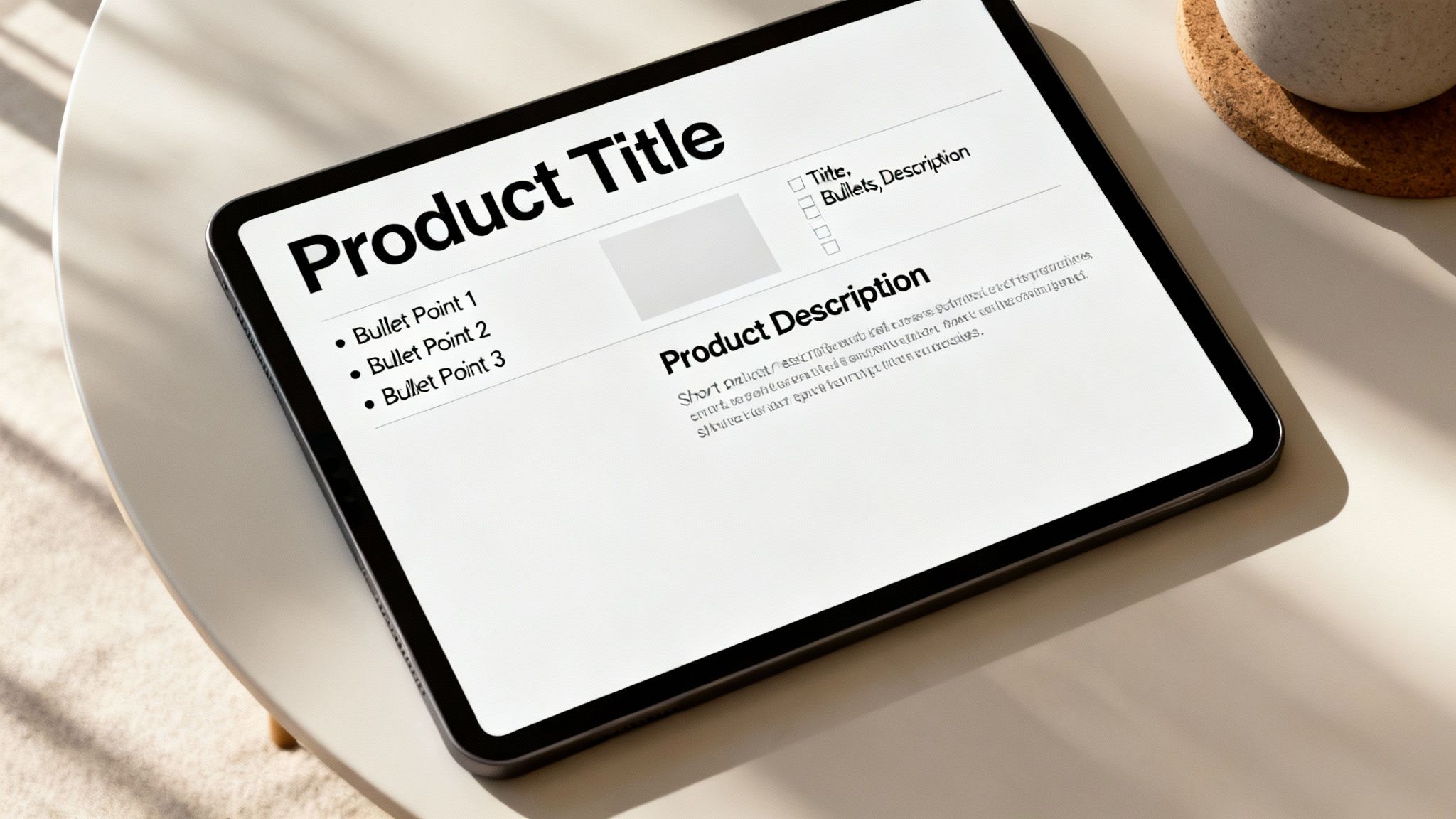 A tablet displays a product listing template with title, bullet points, and description sections.