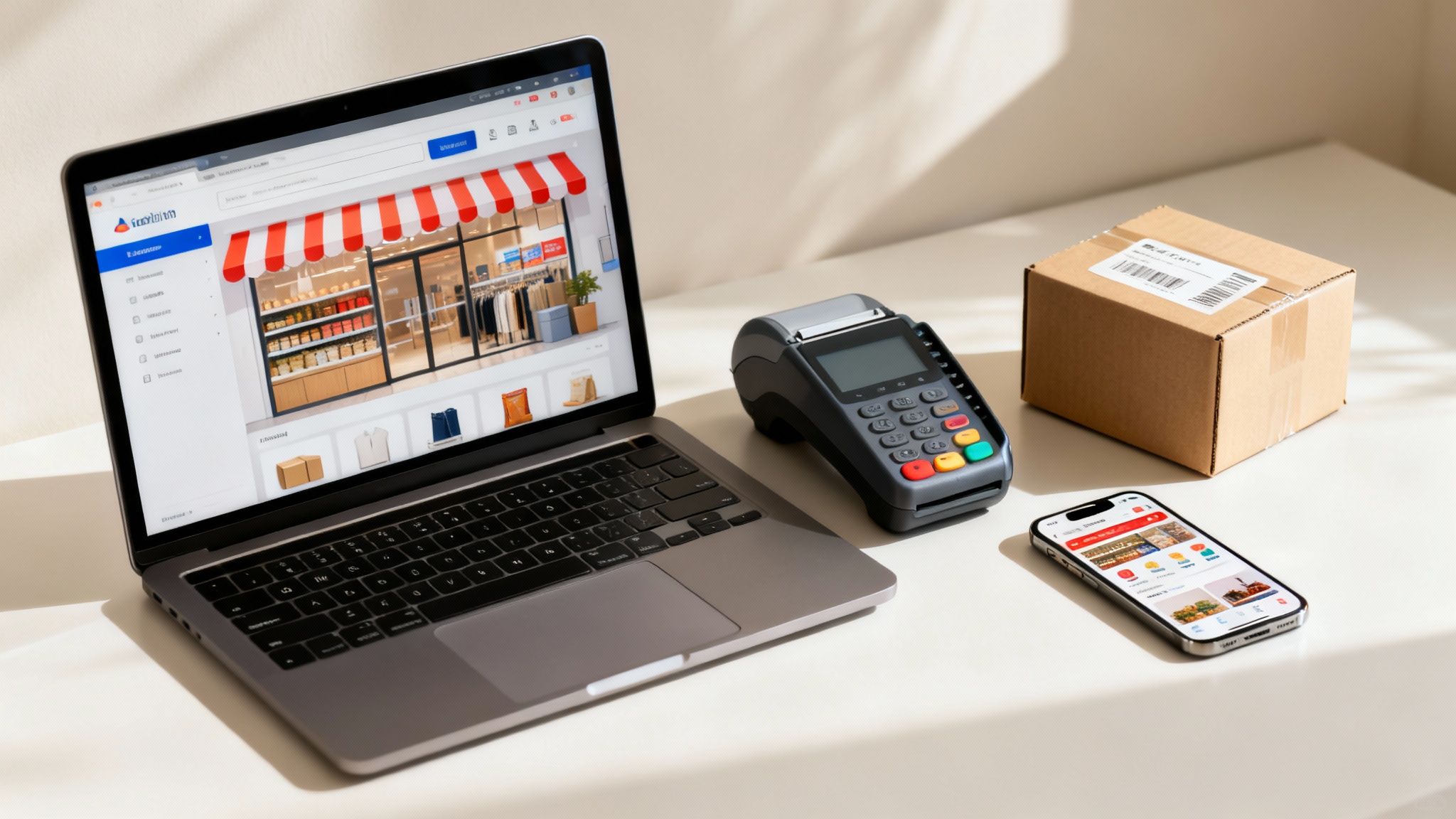 A laptop displaying an e-commerce website, a payment terminal, a smartphone with an app, and a shipping box on a table, illustrating online business.