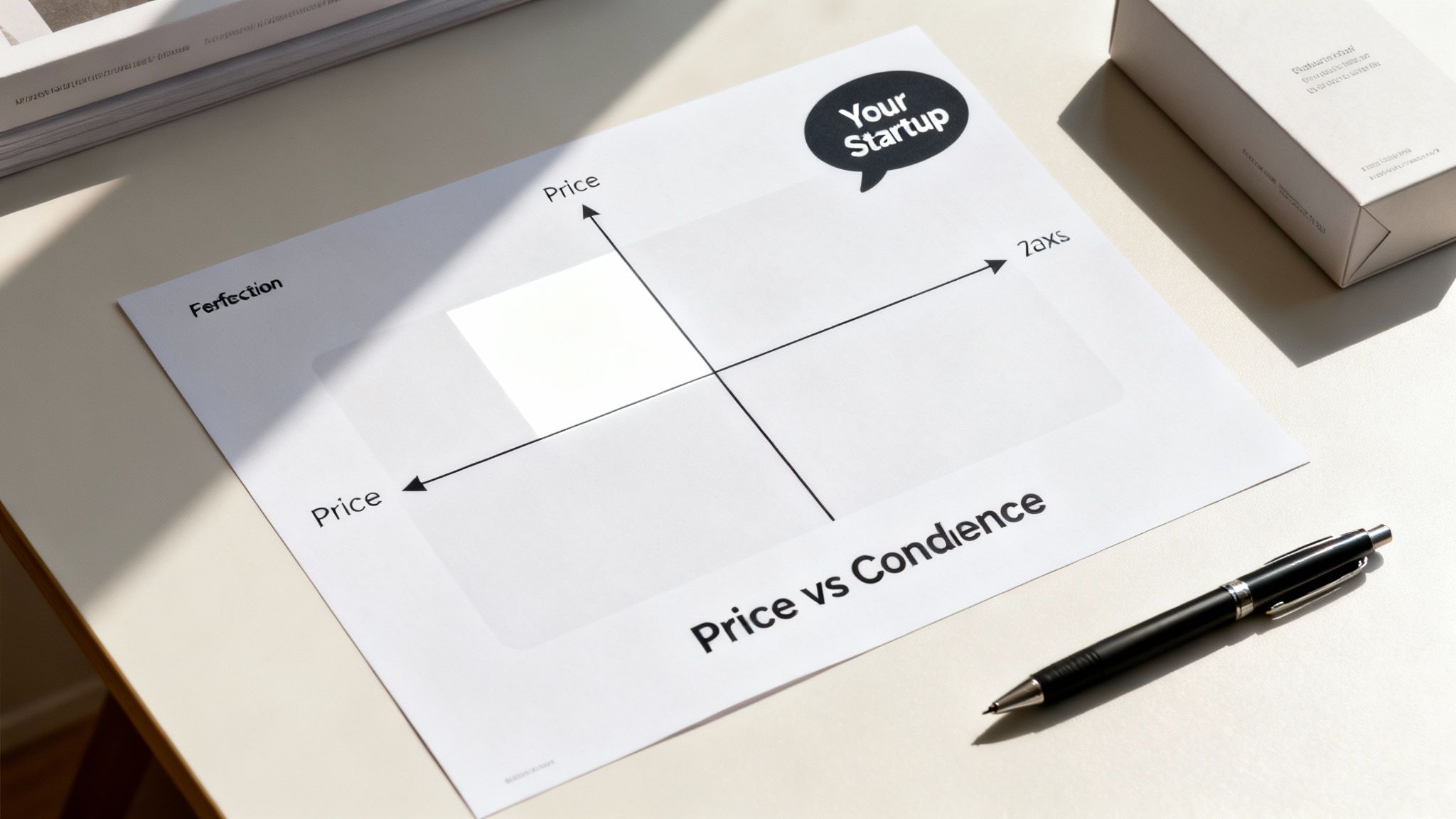 A 'Price vs Condience' go-to-market strategy chart for a startup, on a desk with a pen and box.