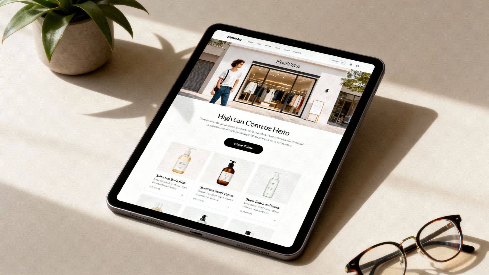 A tablet displays an e-commerce website with a clothing store and beauty products, next to a plant and glasses.