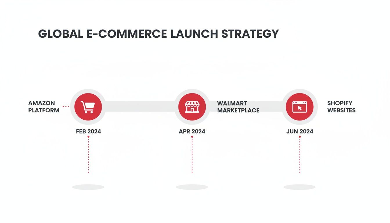 Timeline showing a global e-commerce launch strategy on Amazon, Walmart, and Shopify from Feb to June 2024.