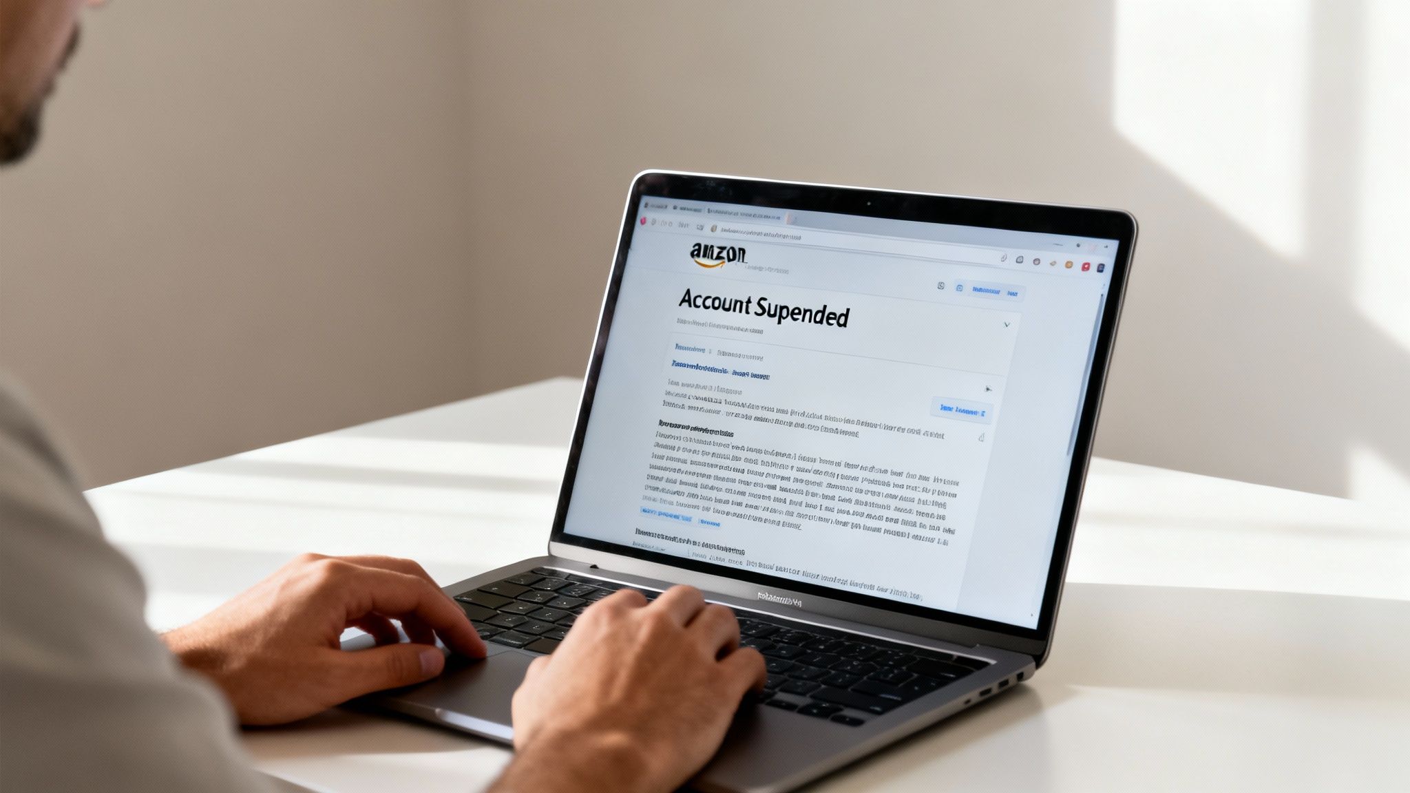 A person typing on a laptop with an Amazon 'Account Suspended' page displayed on the screen.