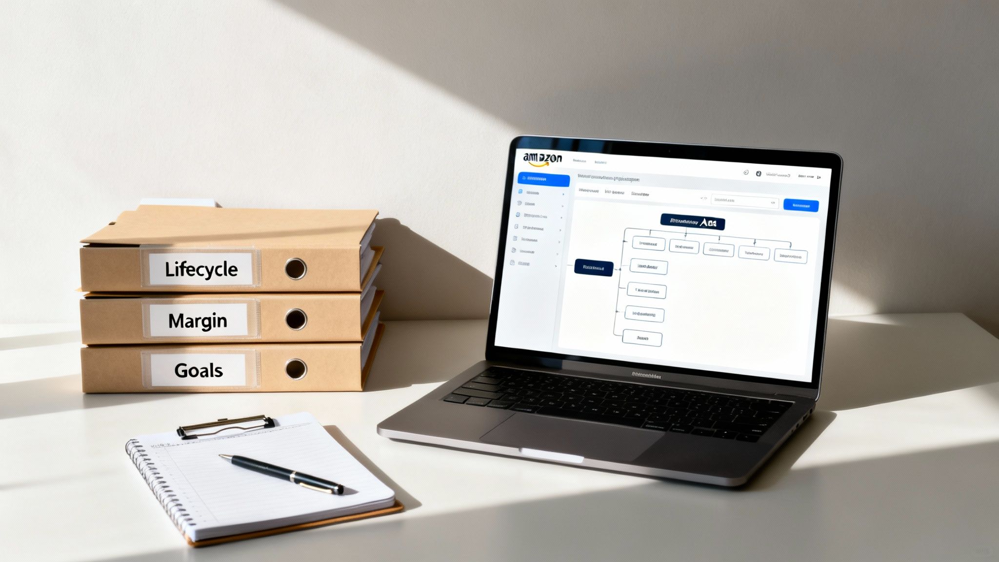 A business desk with a laptop displaying Amazon Ads management, alongside folders labeled Lifecycle, Margin, and Goals.