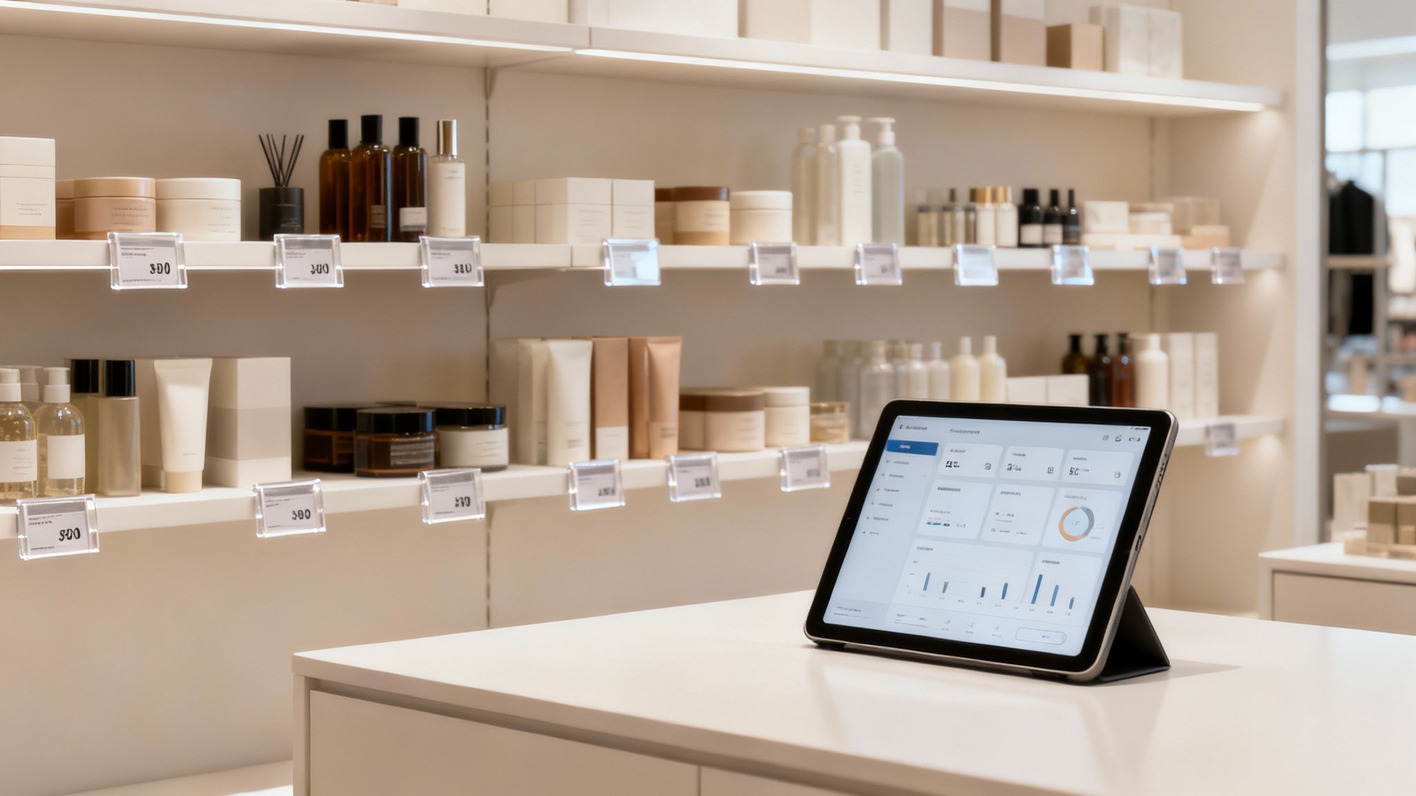 Modern retail store aisle with beauty products on shelves, and a tablet displaying sales data on a counter.