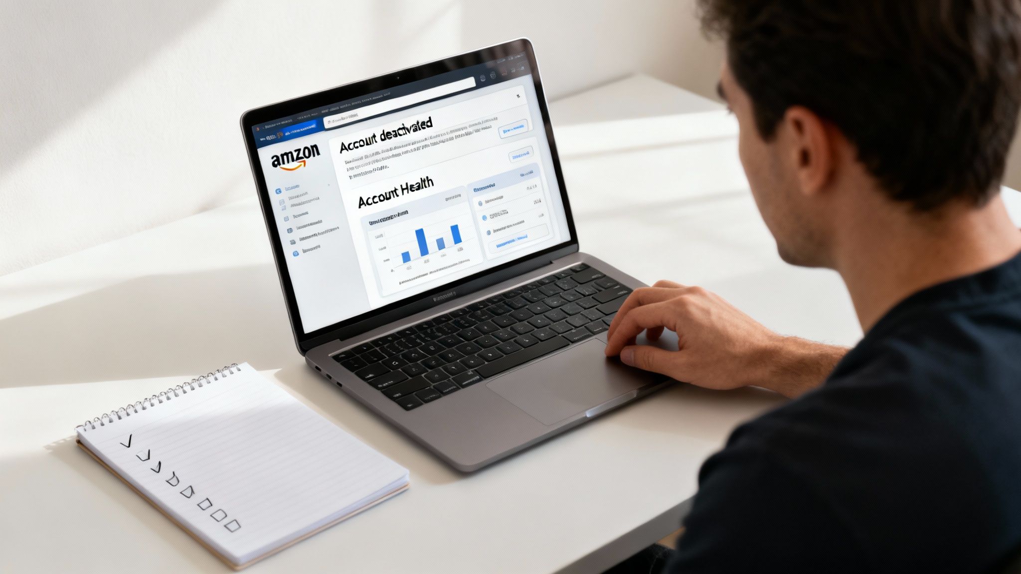 Person viewing a laptop screen displaying an Amazon seller account dashboard with 'Account deactivated' status.