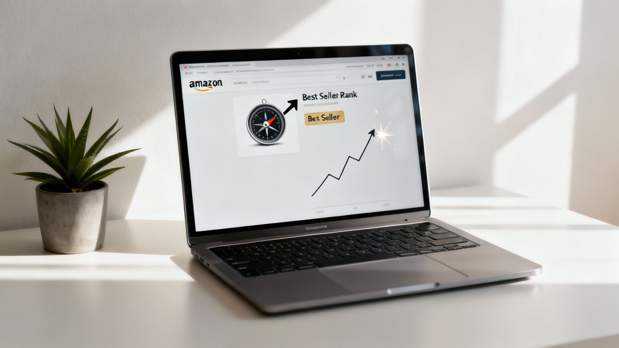 Laptop displaying Amazon Best Seller Rank with a compass and rising graph, on a white desk with a plant.