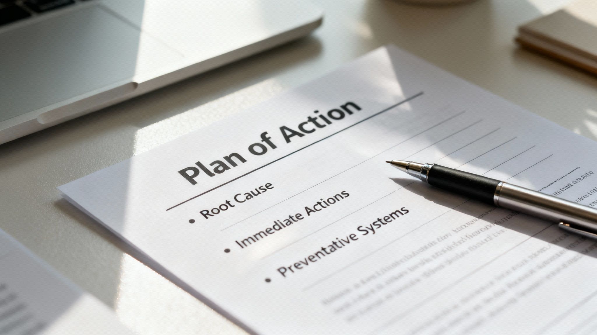 A 'Plan of Action' document, a pen, and a laptop on a desk, showing business planning.