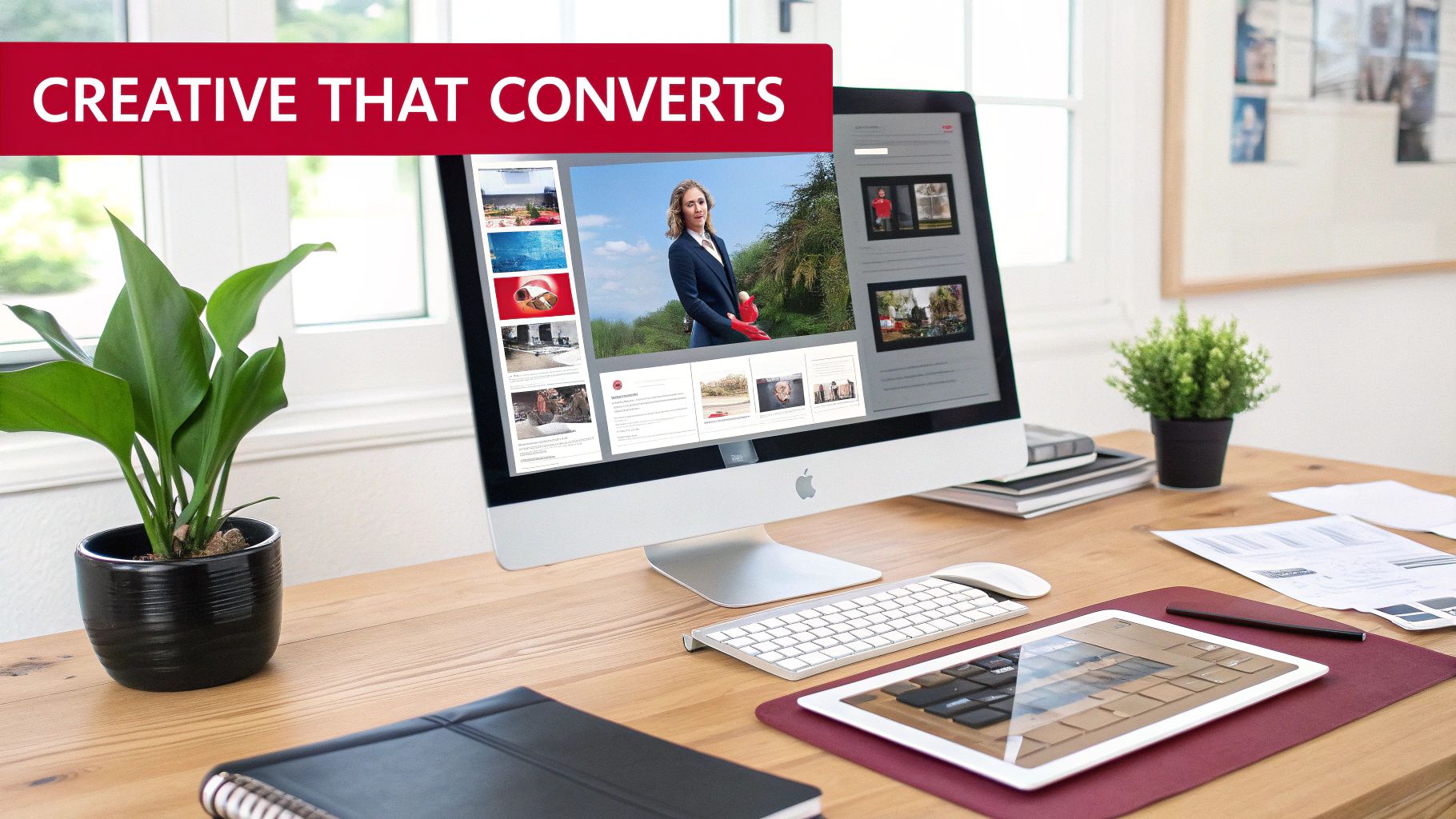 Close-up of a designer's hands using a stylus on a tablet to create an advertisement, with design software visible on the screen.