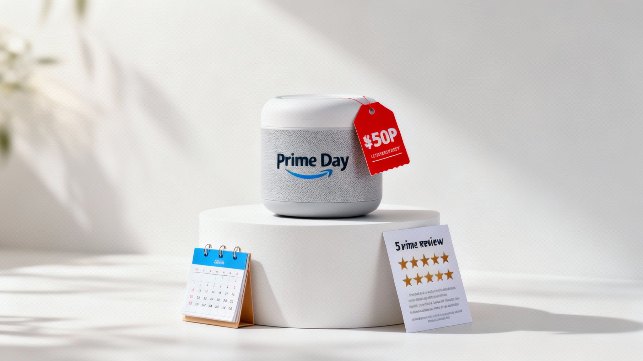An Amazon Prime Day speaker with a $50P discount tag, a calendar, and a 5-star review card on a white background.