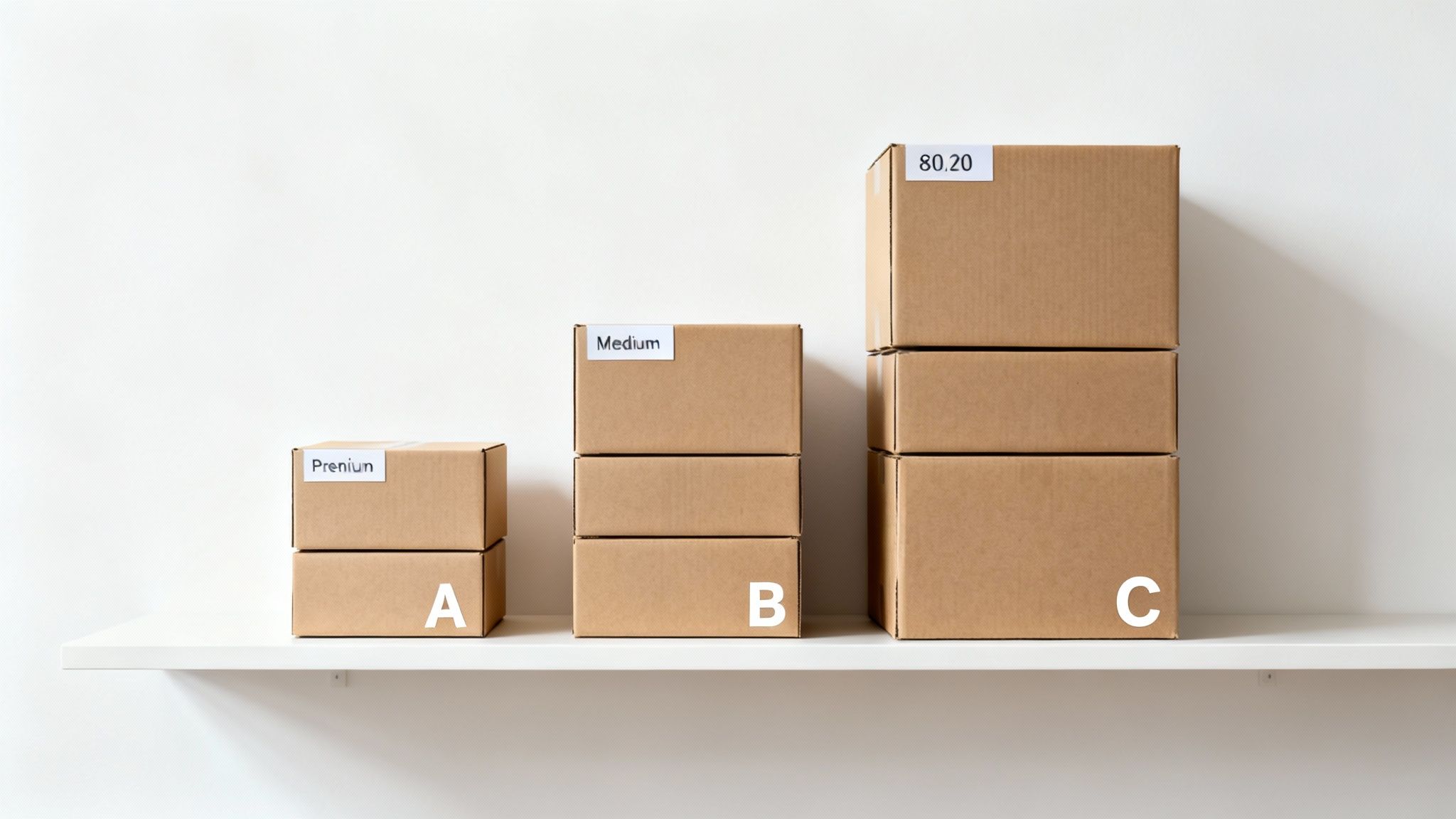 Stacks of brown cardboard boxes labeled 'Prenium', 'Medium', '80.20', 'A', 'B', 'C' on a white shelf.