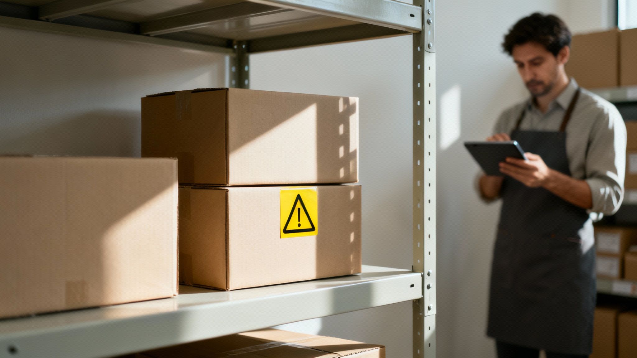 Man checking inventory on a tablet in a warehouse with shelves of cardboard boxes.