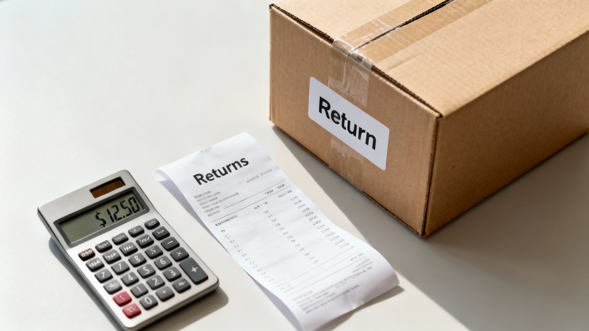 A calculator shows $12.50 next to a 'Returns' receipt and a cardboard box with a 'Return' label.