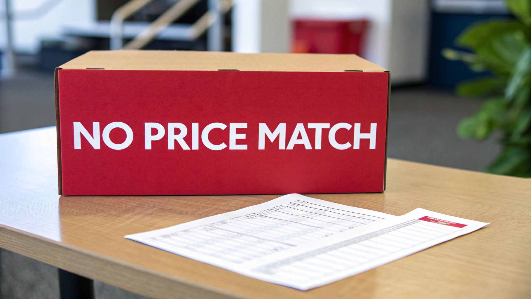 Red cardboard box with white text reading no price match beside printed documents on wooden desk
