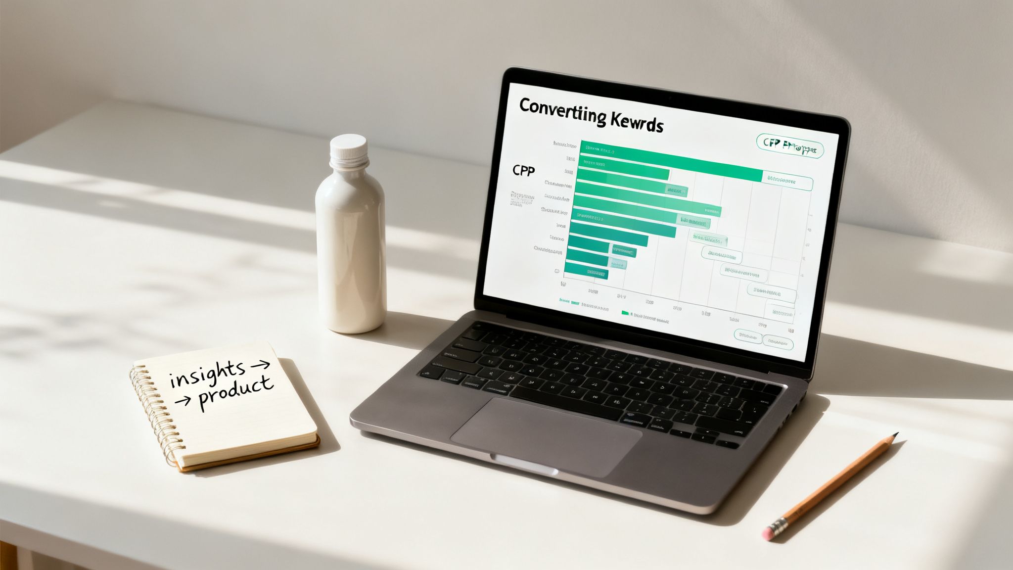 Laptop displaying a PPC report on a desk with a notebook, bottle, and pencil.