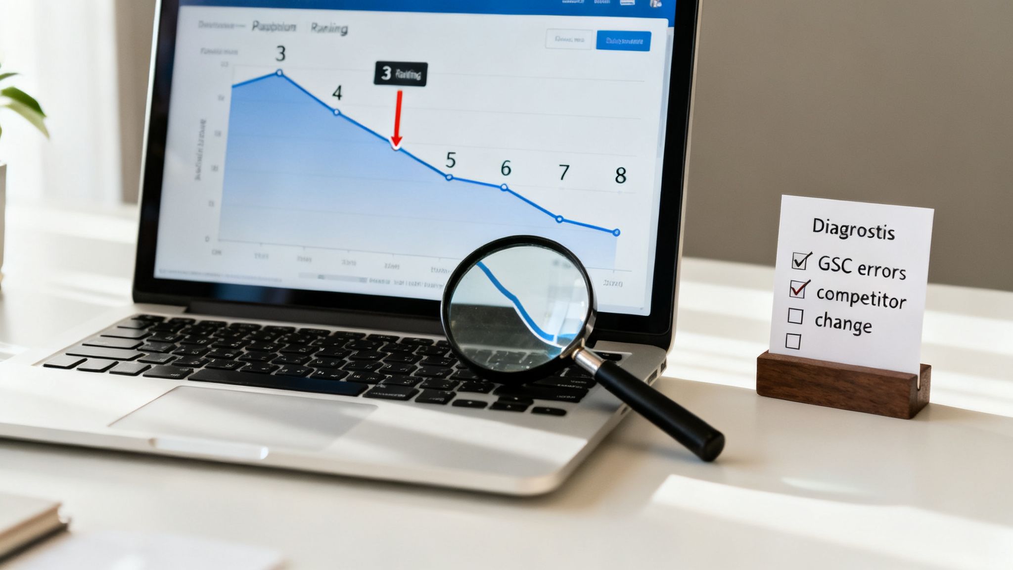 A laptop displays a declining SEO ranking graph, a magnifying glass, and a diagnosis checklist.