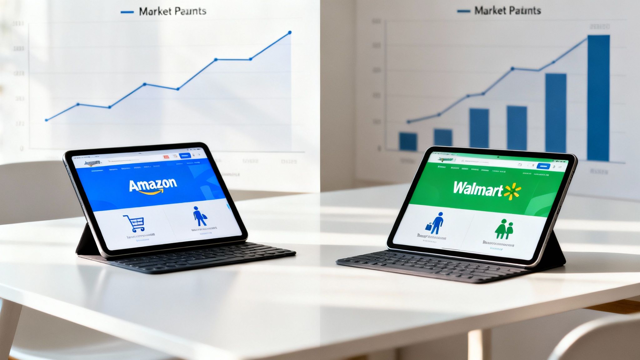Two tablets display Amazon and Walmart websites on a desk with market trend charts in the background.