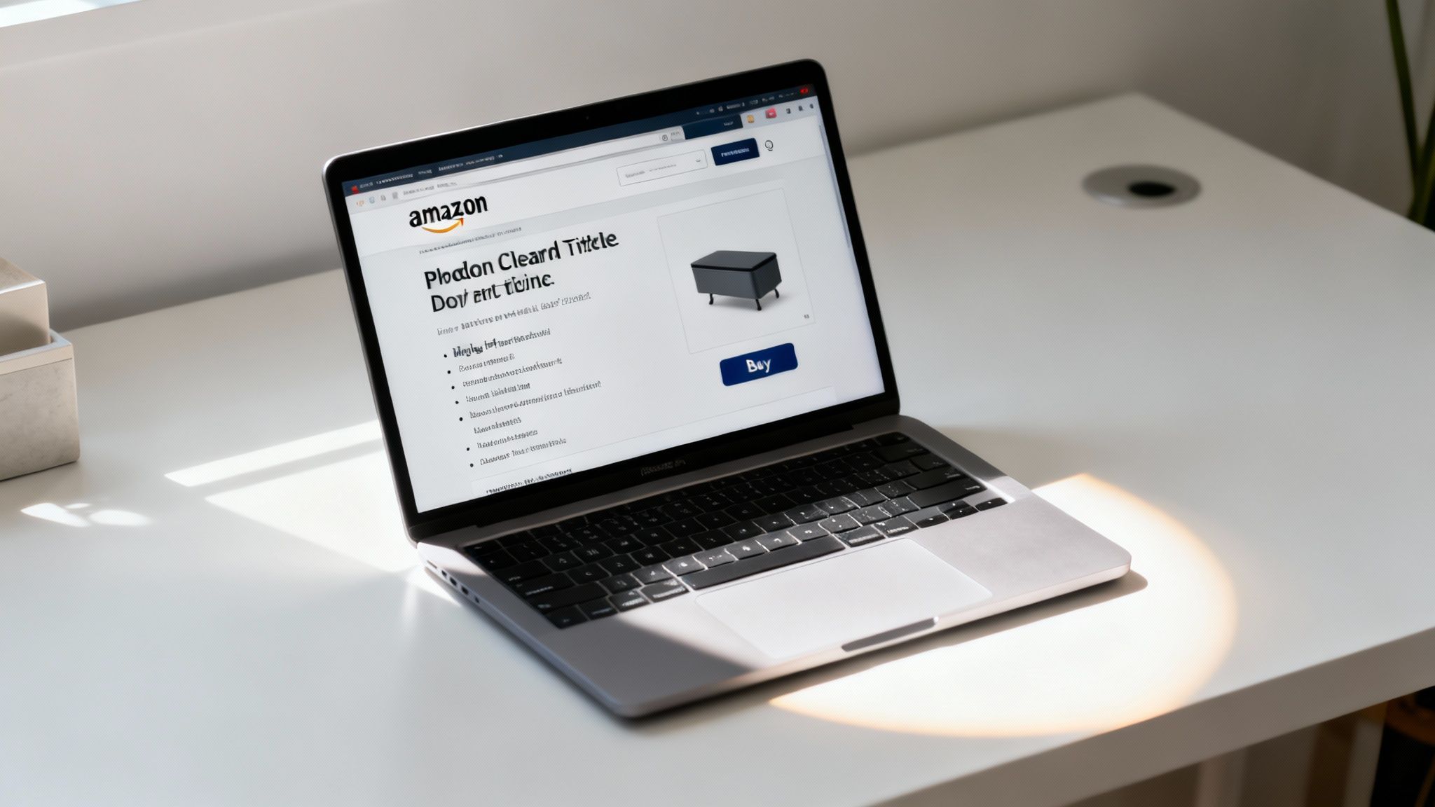 A laptop on a white desk displays an Amazon product listing for a black storage ottoman with sunlight.