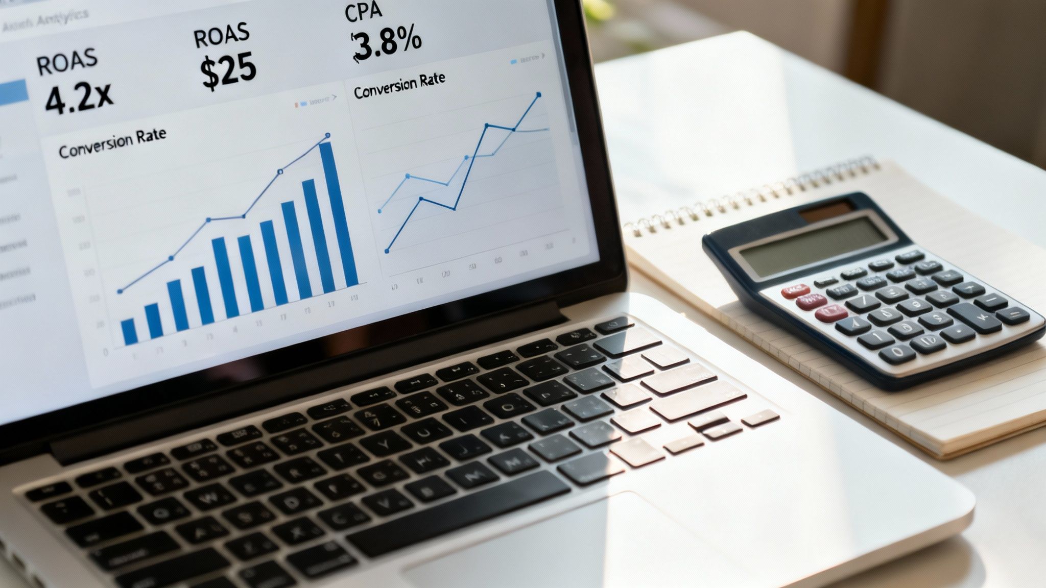 A laptop displaying a digital marketing analytics dashboard with ROAS, CPA, and conversion rate graphs, next to a calculator.