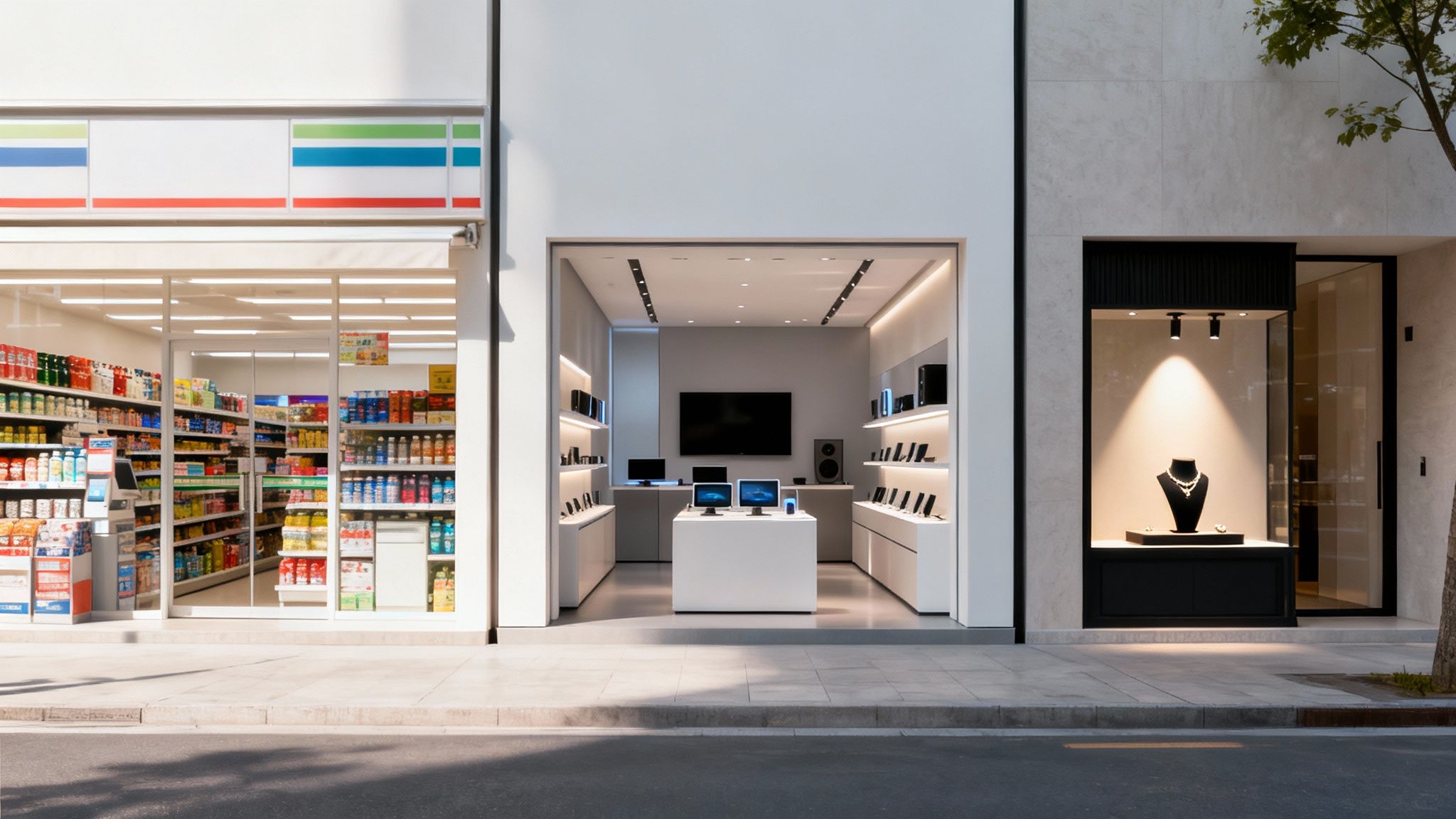 Three modern storefronts: a convenience store, electronics shop, and jewelry boutique, on a city street.