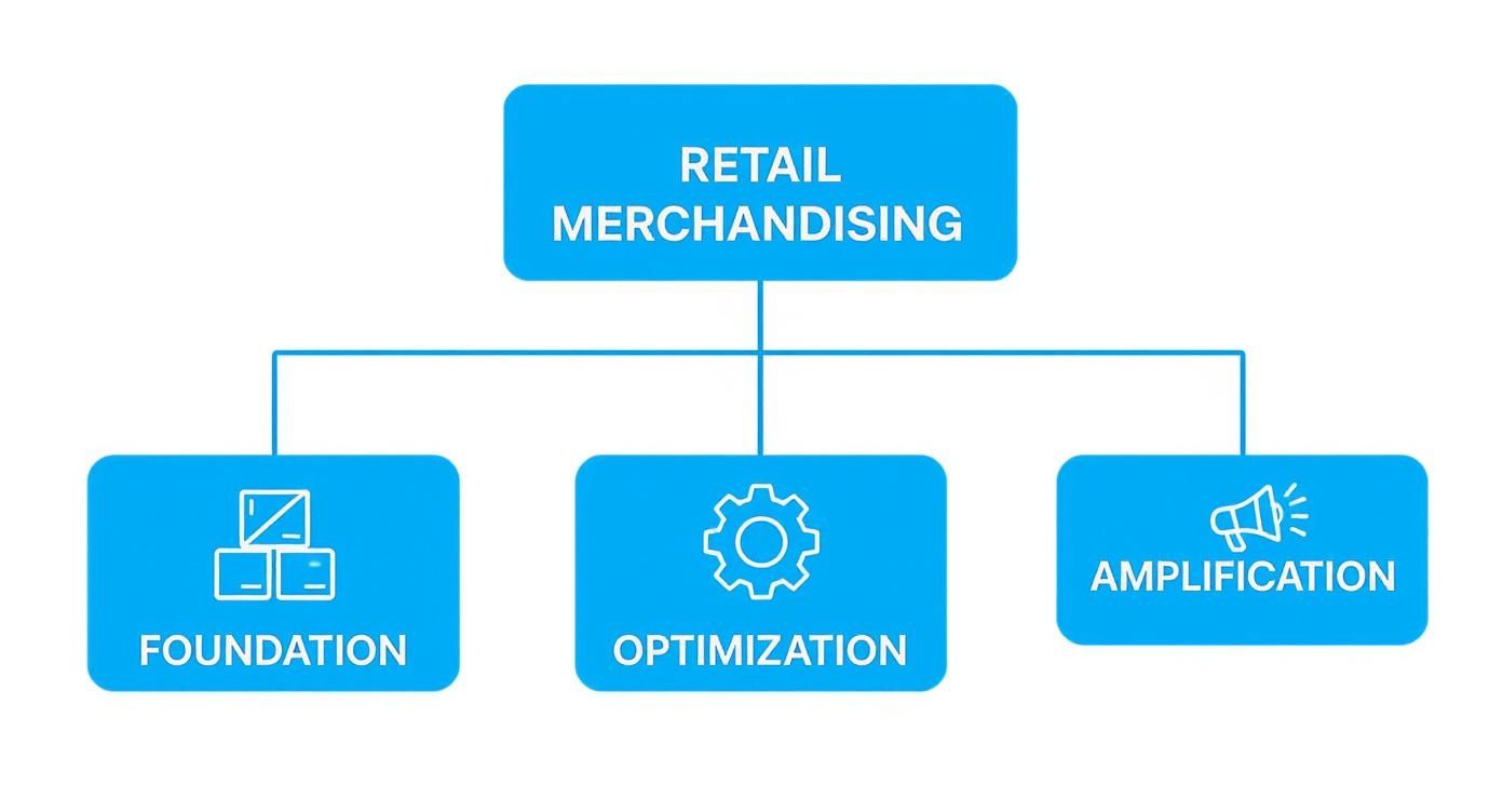 A blue flowchart illustrating Retail Merchandising with three supporting pillars: Foundation, Optimization, and Amplification.