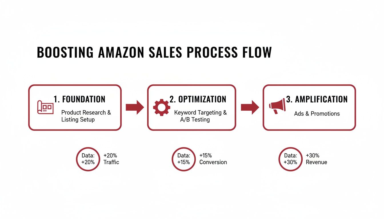 Flowchart detailing the Amazon sales boosting process: Foundation, Optimization, Amplification, with data on traffic, conversion, and revenue.
