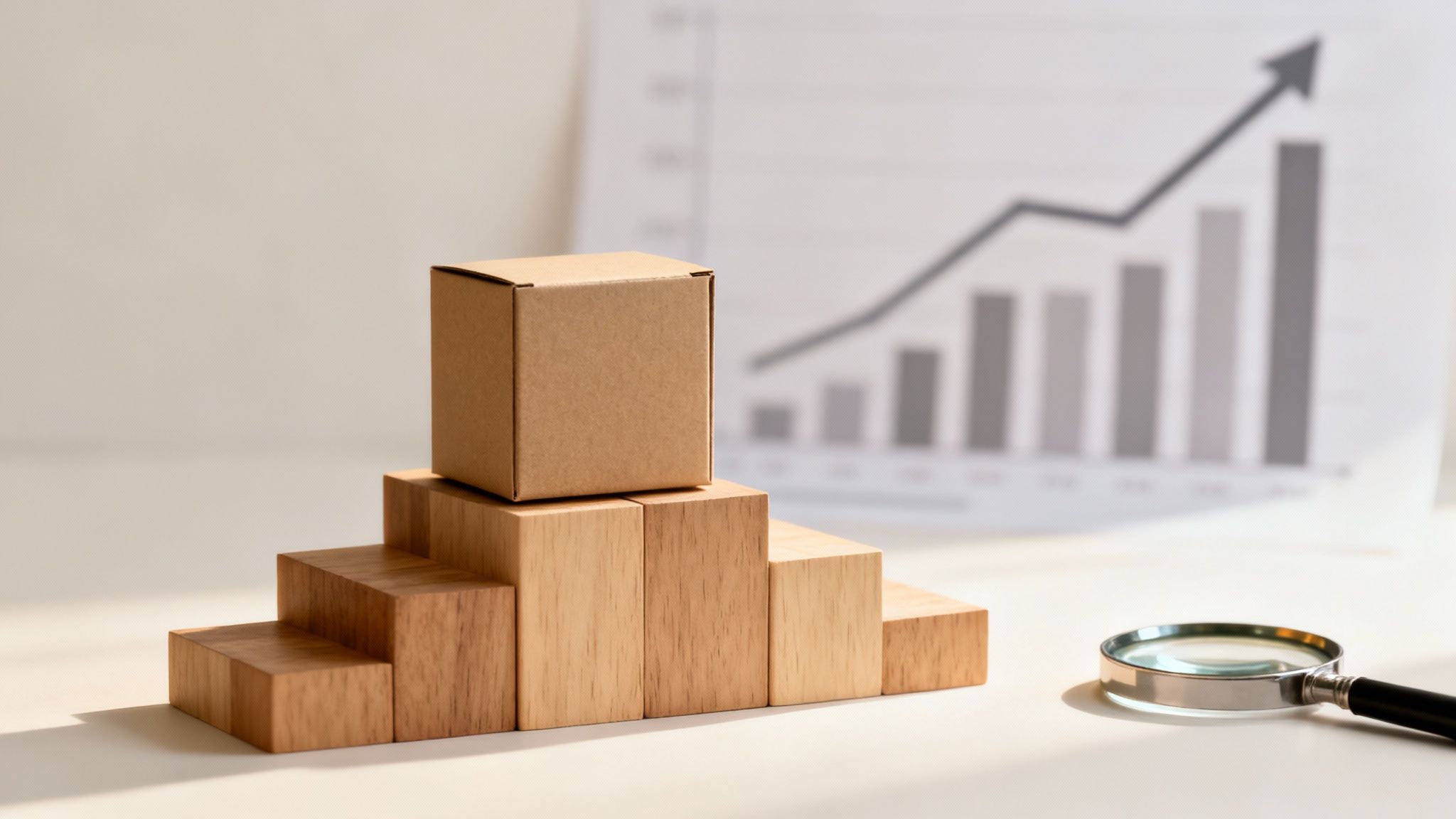 A small cardboard box on wooden steps, with a rising graph and magnifying glass on a desk.