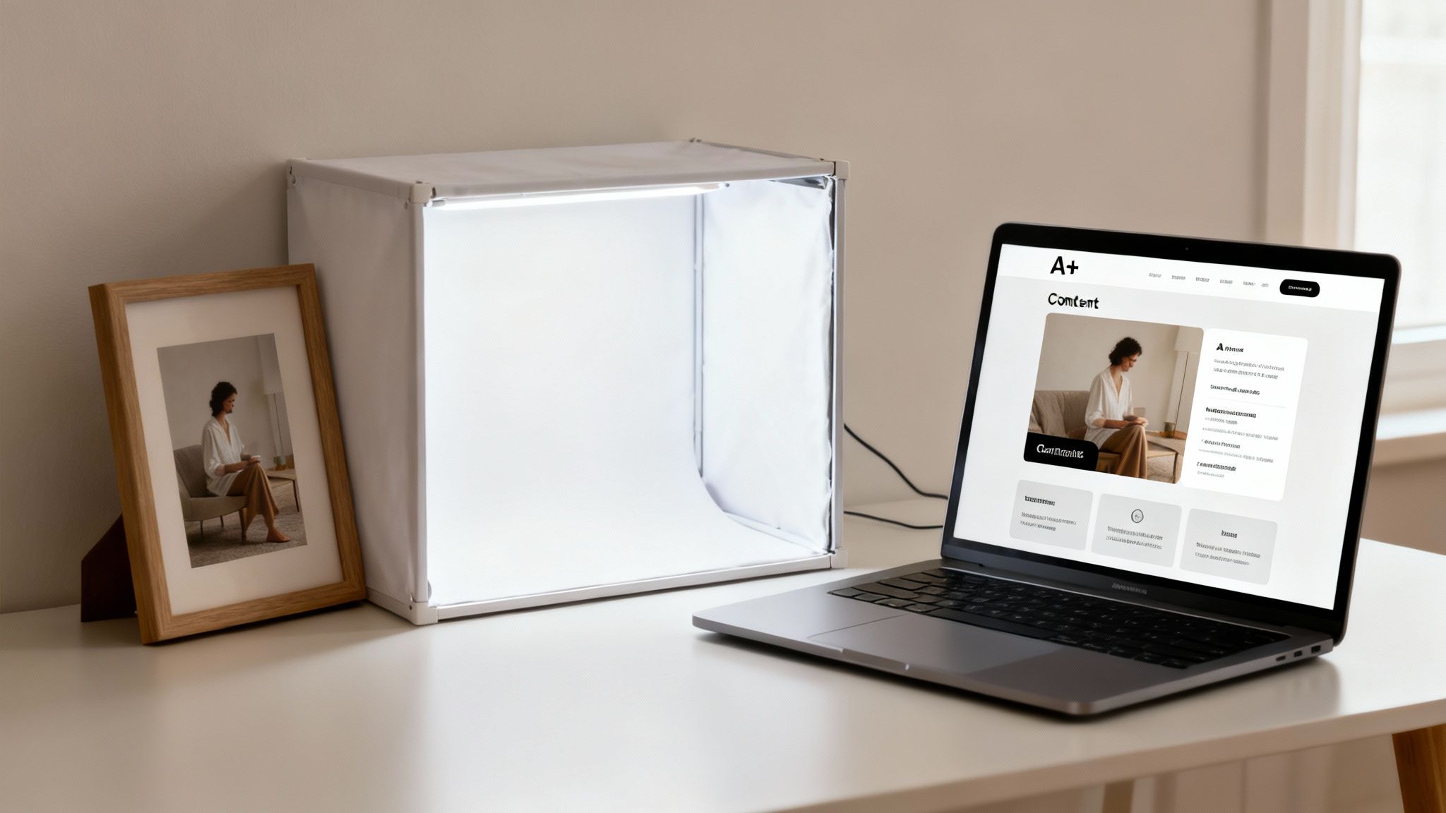 A laptop on a white desk showing a website with a woman's photo, next to a photo light box and a framed picture.