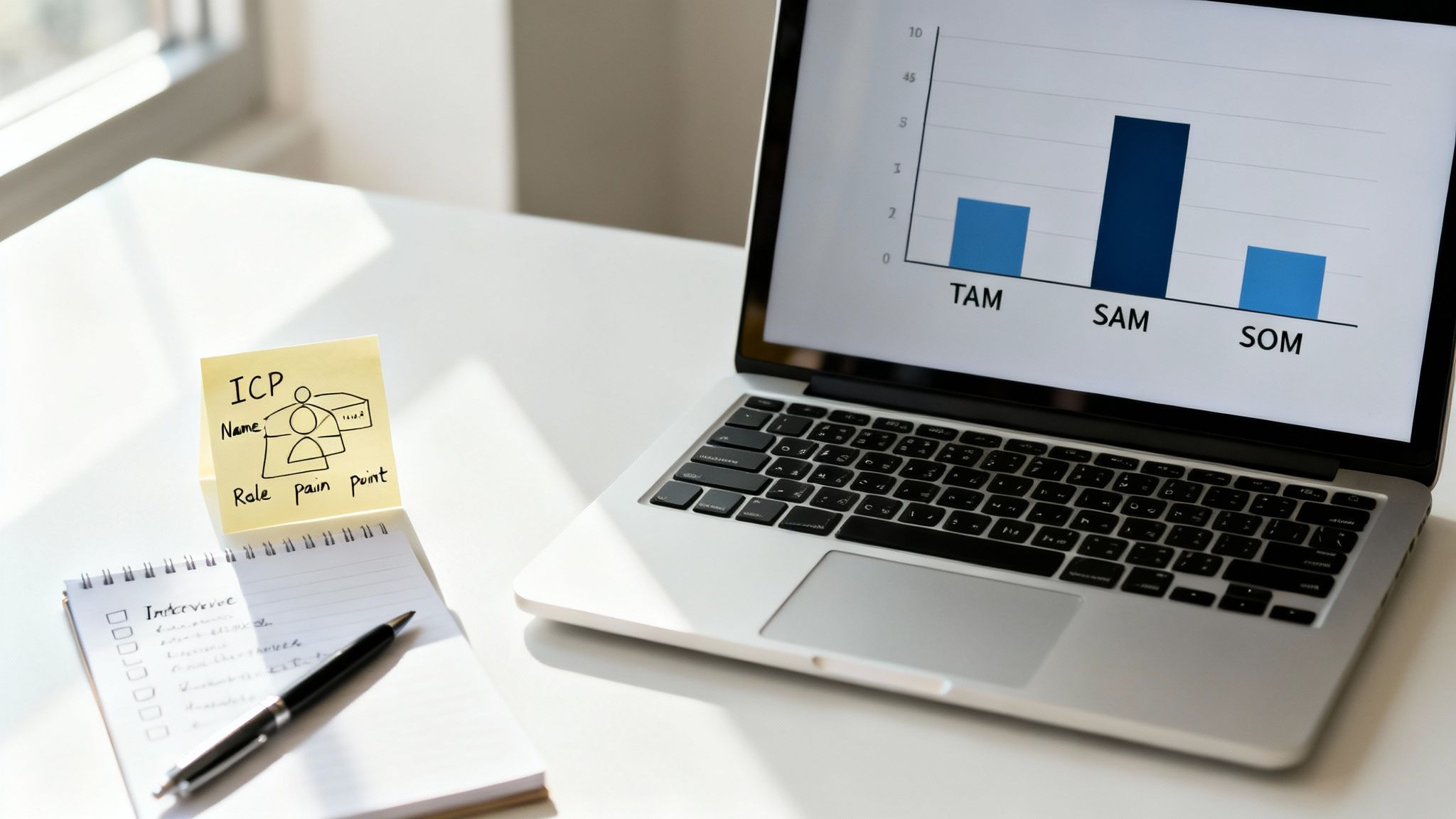 Laptop displaying a market analysis chart, a sticky note with ICP details, and a notebook on a white desk.
