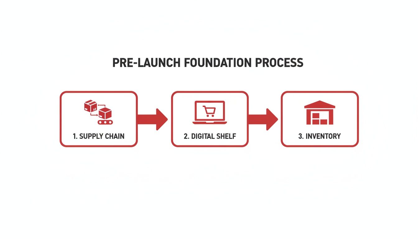Diagram illustrating the pre-launch foundation process with three steps: supply chain, digital shelf, and inventory.