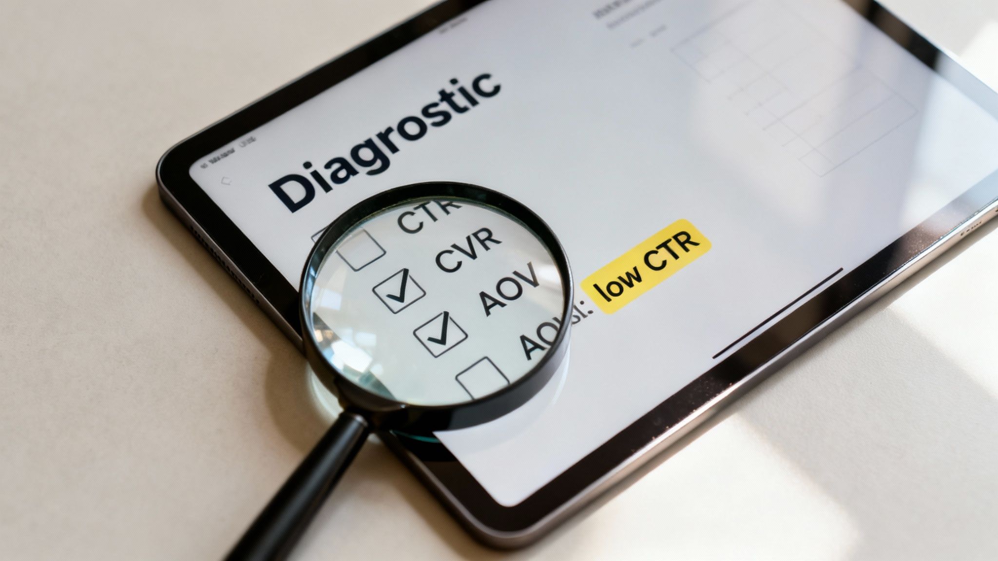 Tablet screen displaying diagnostic metrics like CVR, AOV, and a 'low CTR' warning, magnified.