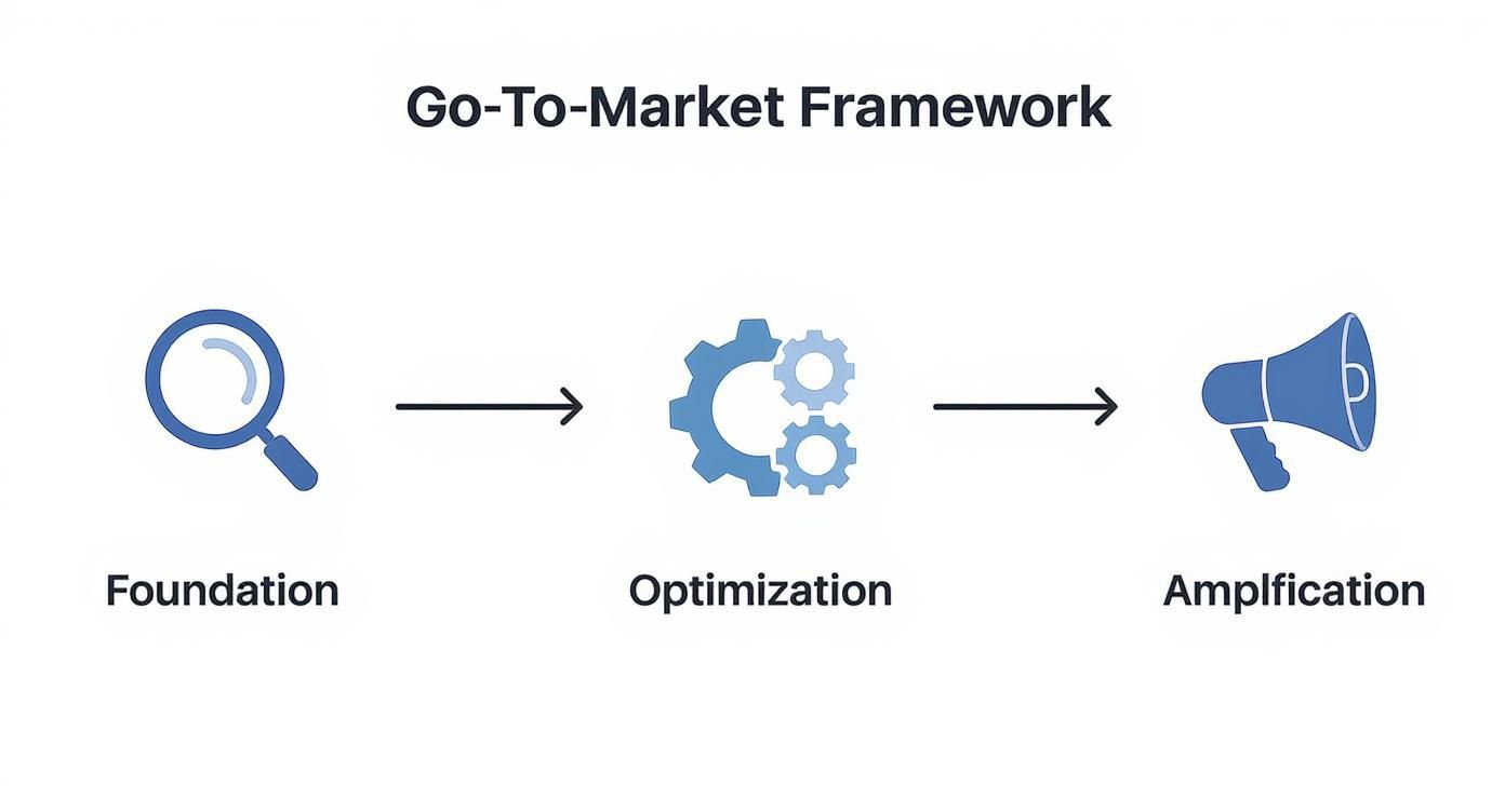 A Go-To-Market Framework diagram with three stages: Foundation, Optimization, and Amplification.